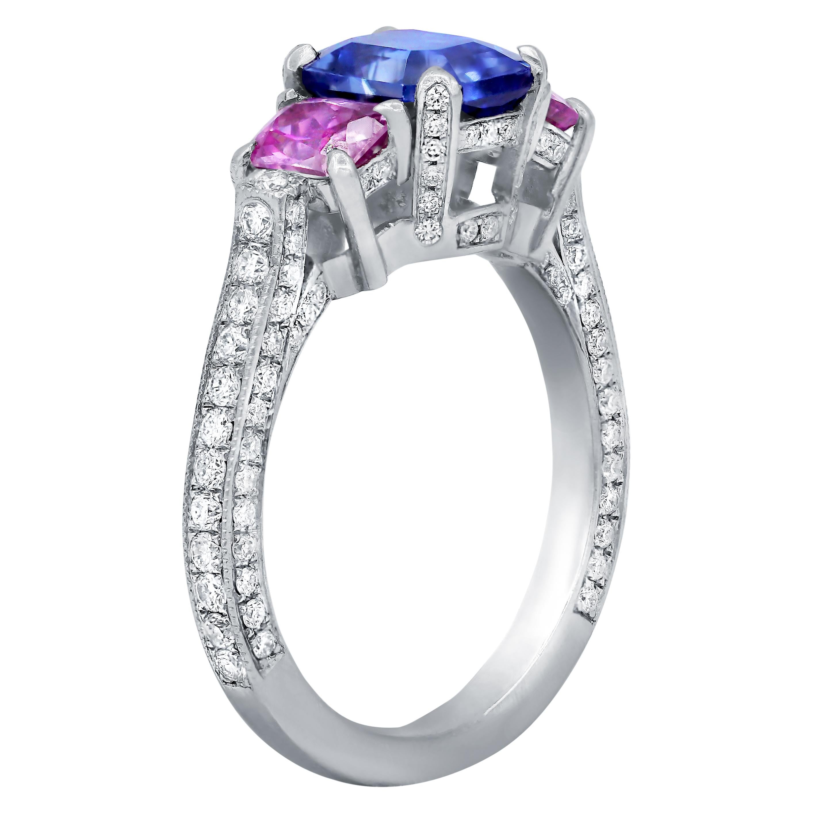 Cushion Cut Diana M. Platinum sapphire and diamond ring featuring a center 1.84 ct  For Sale