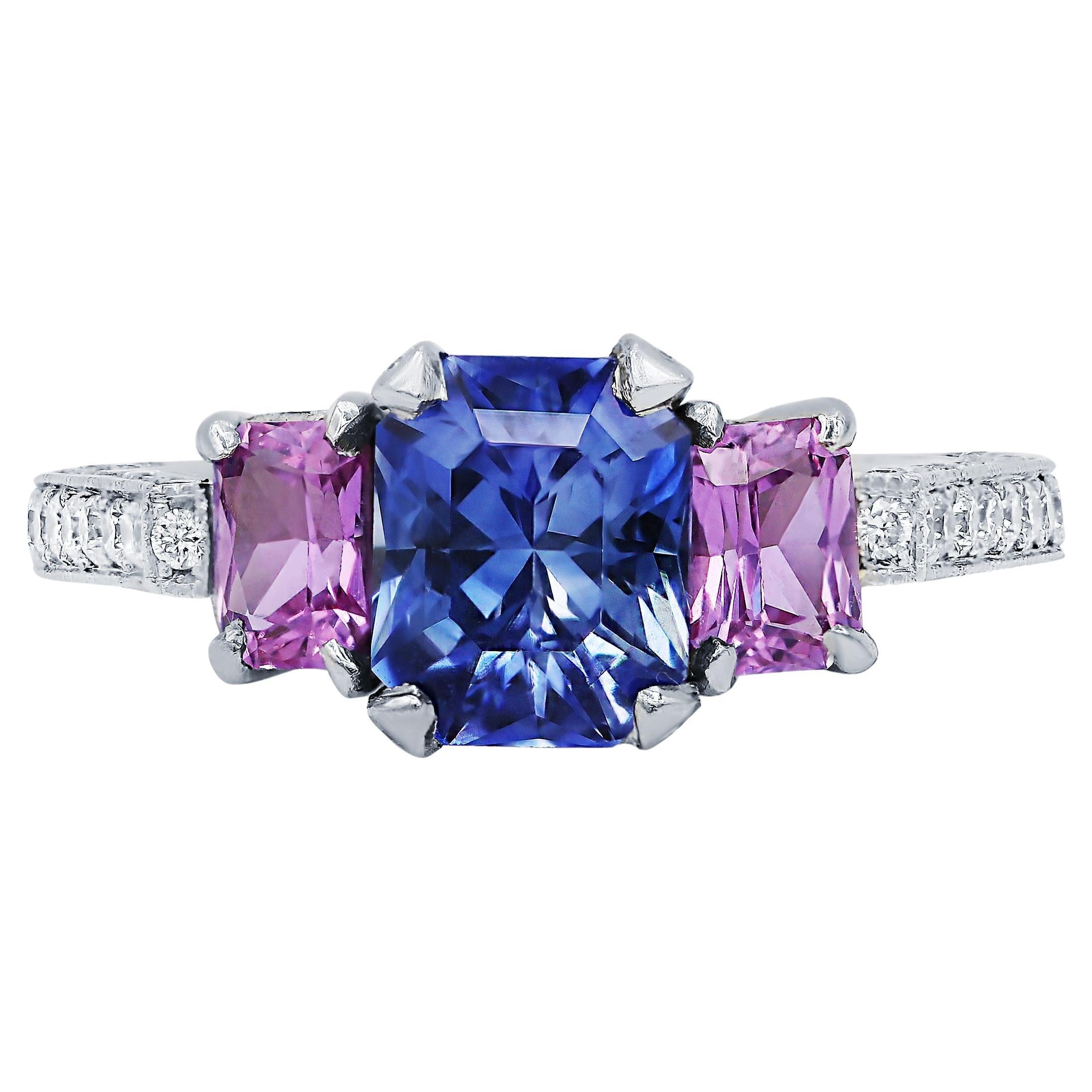 Diana M. Platinum sapphire and diamond ring featuring a center 1.84 ct  For Sale