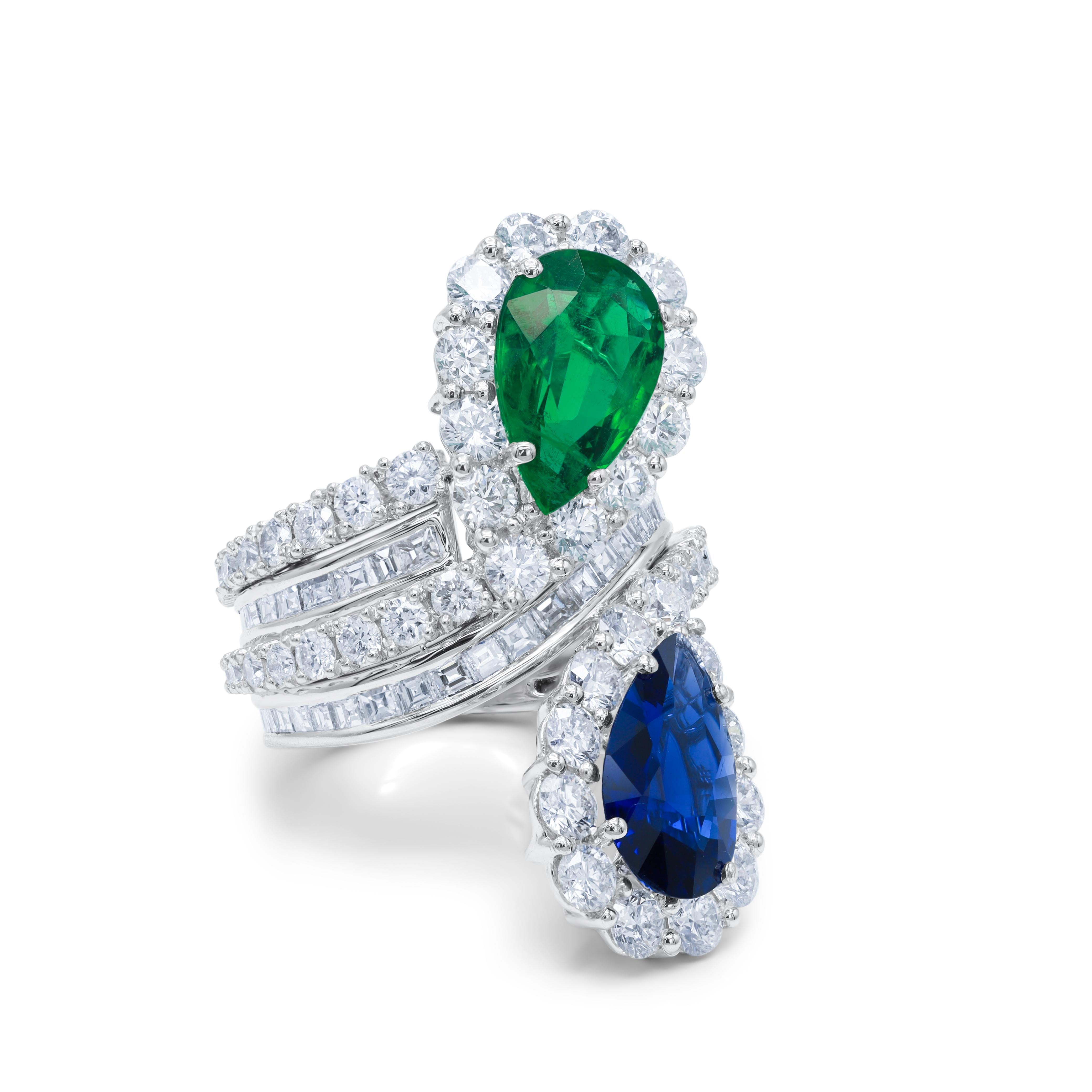 Saphir- und Smaragdring aus Platin in Spiralform mit einem birnenförmigen Saphir von 2,98 Karat und einem birnenförmigen Smaragd von 2,85 Karat, umgeben von 6,02 Karat Diamanten (A.I.C. zertifiziert).
Diana M. ist seit über 35 Jahren ein führender