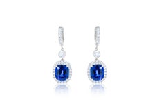 Diana M. Sapphire Drop Earrings 8.46ct Corn Flower Blue Set With 1.10cts Of Halo