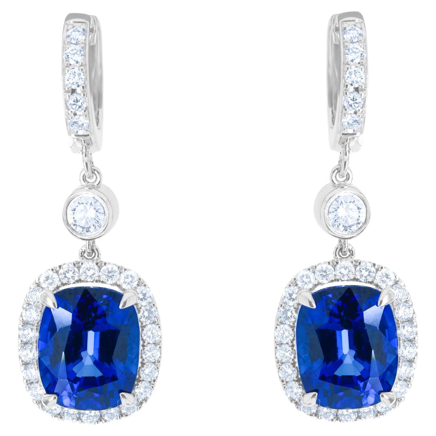 Diana M. Sapphire Drop Earrings 8.46ct Corn Flower Blue Set With 1.10cts Of Halo For Sale