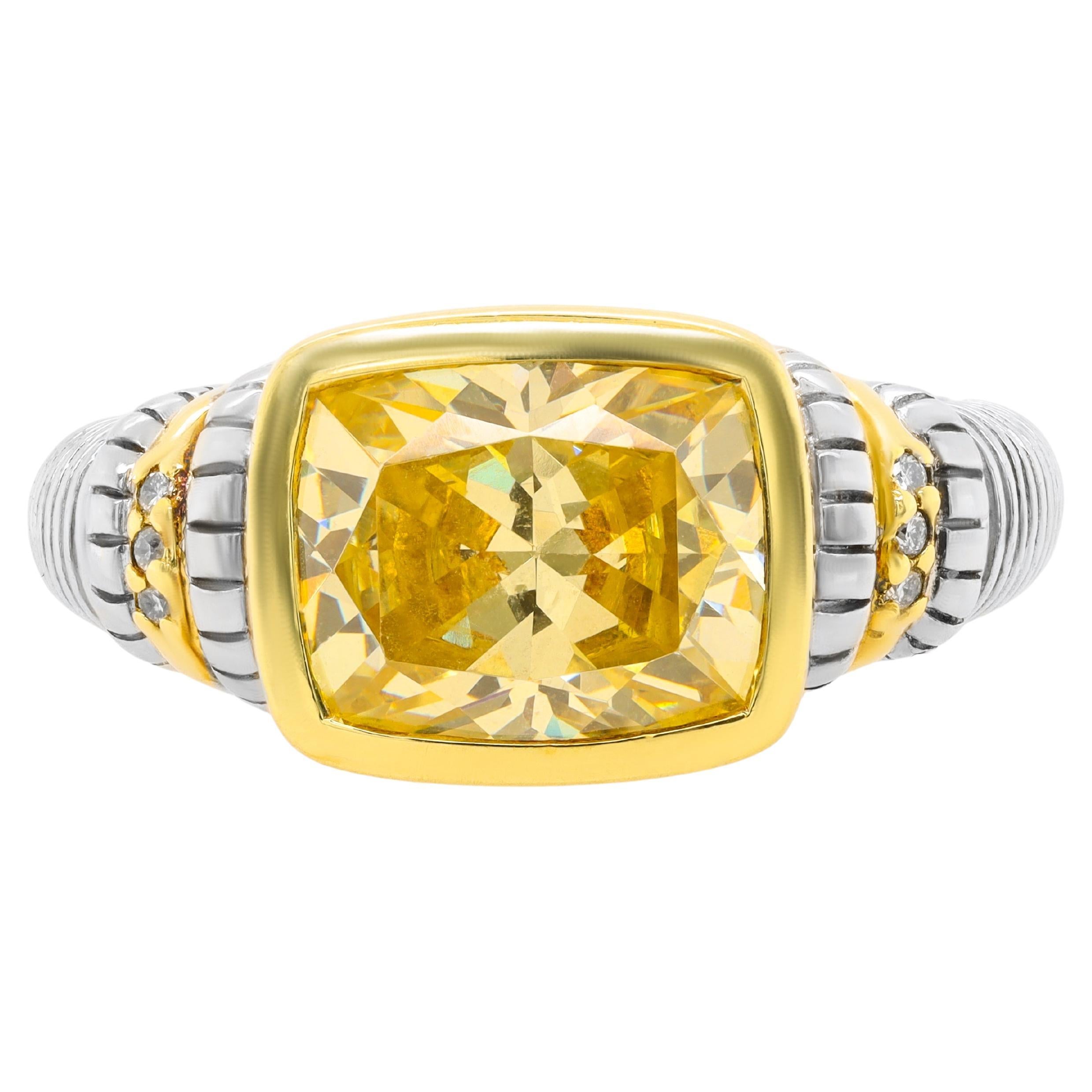 Diana M. Silver and 18 kt yellow gold Judith Ripka style citrine ring with a 4.2 For Sale