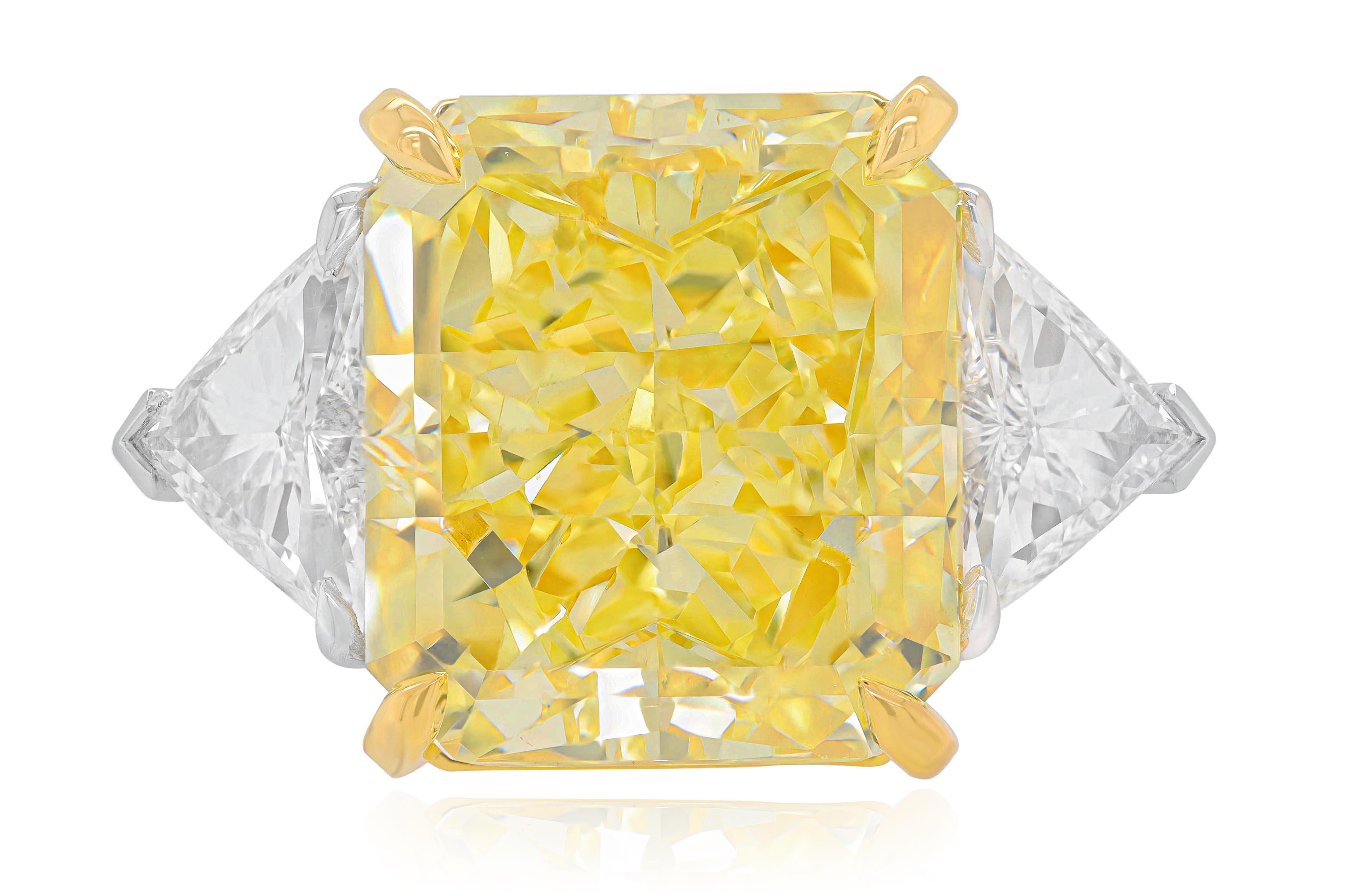 Radiant Cut Diana M. Fancy Intense Yellow Diamond 23.88cts VS2 Set with 2cts Trillions GIA For Sale