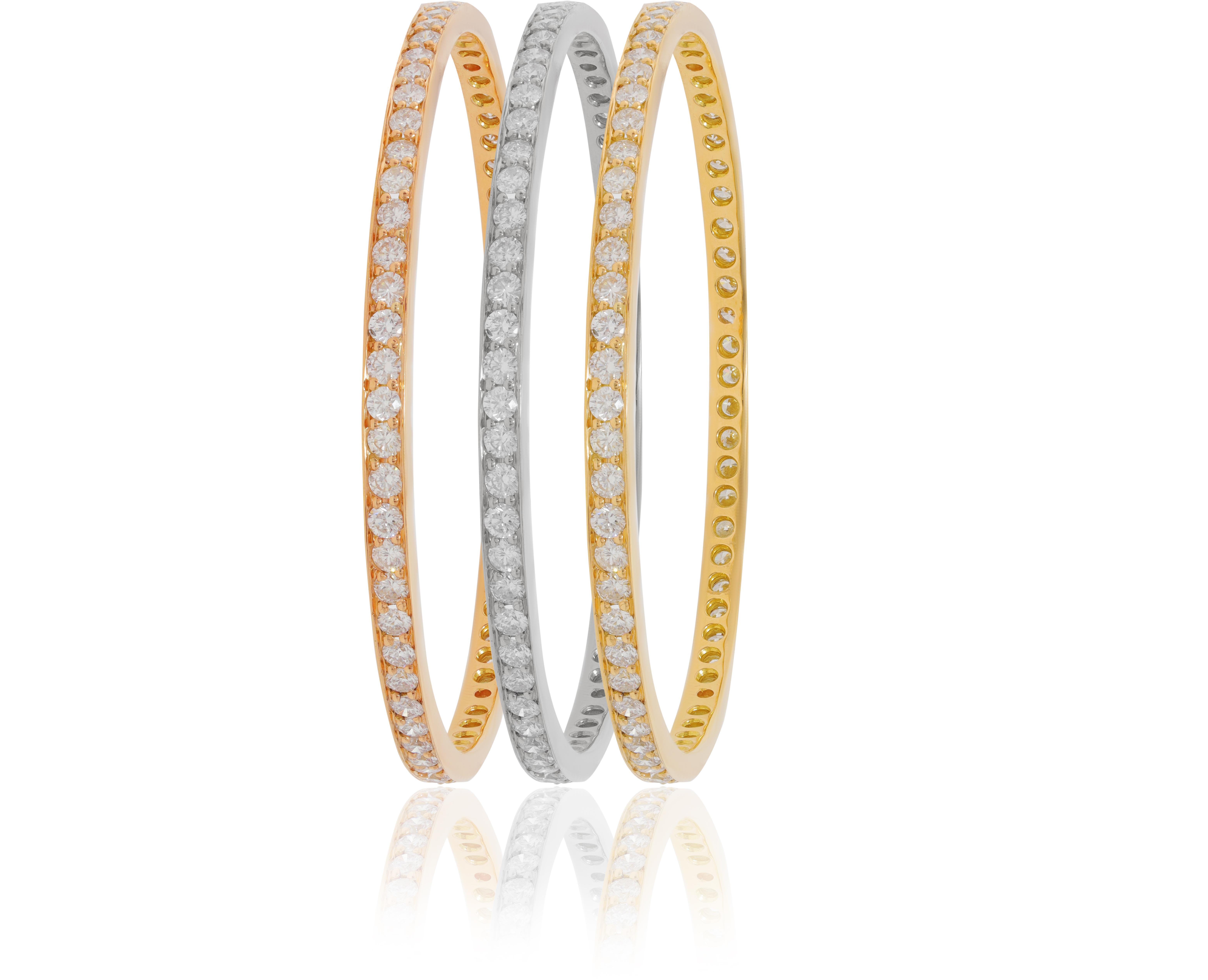 Modern Diana M. Tri-color set of white, yellow, and rose gold bangles adorned with 23ct For Sale