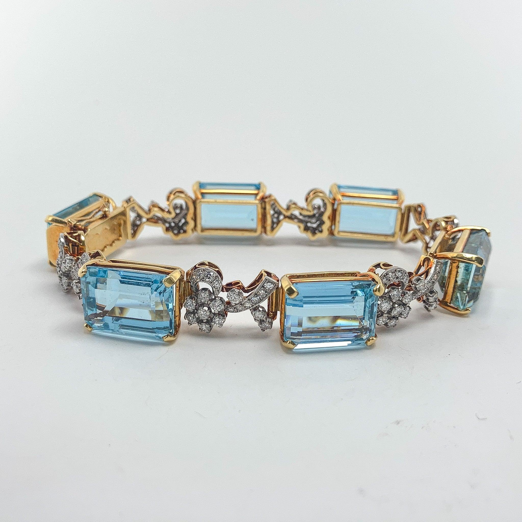 Emerald Cut Diana M. Vintage Aquamarine & Diamond Bracelet, 18k Natural No Heat  For Sale