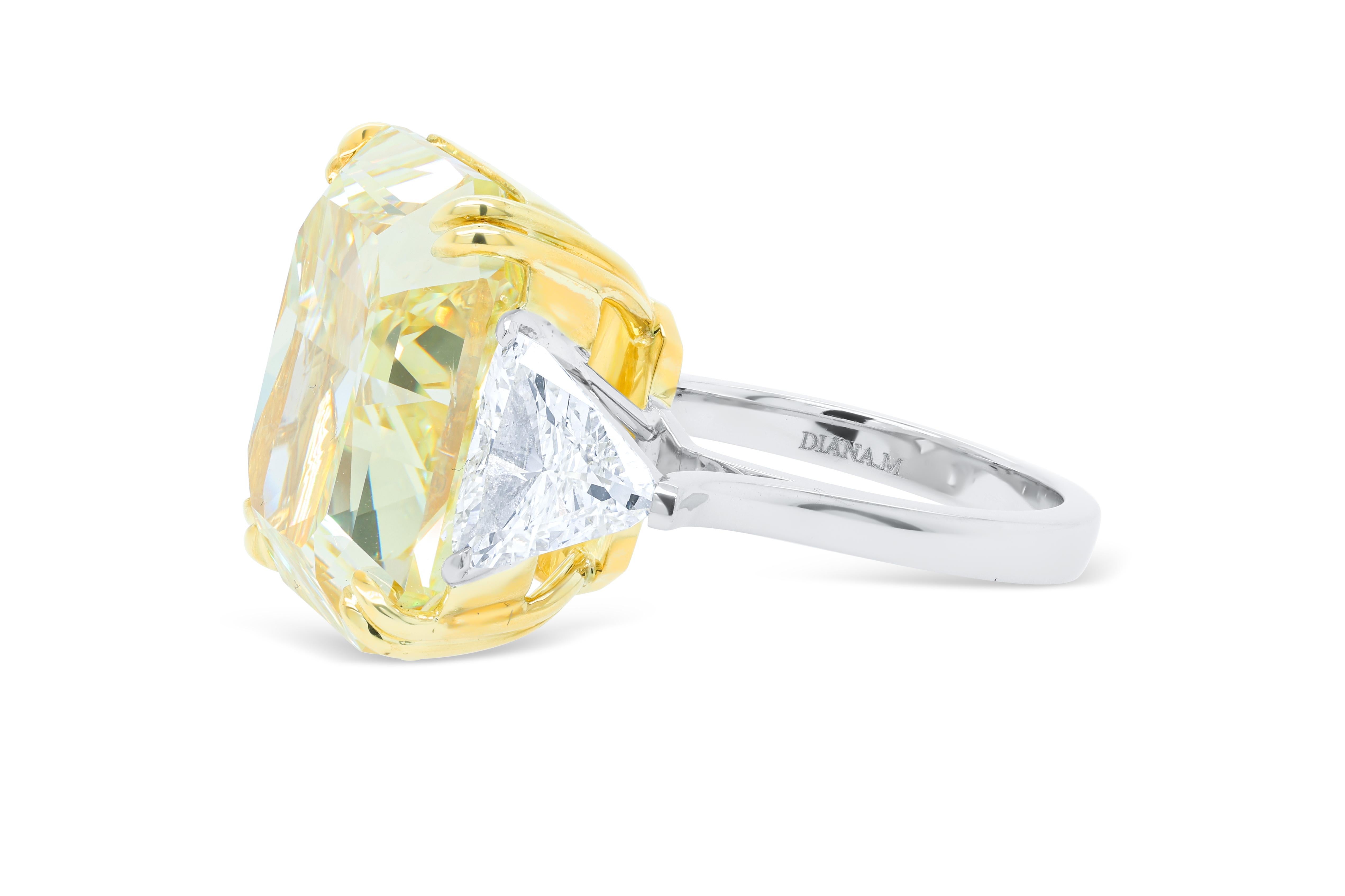 Women's or Men's Diana M. Vivid Diamond 23.88ct VS2 GIA With 2 trillants 1.56cts Set In Platinum  For Sale