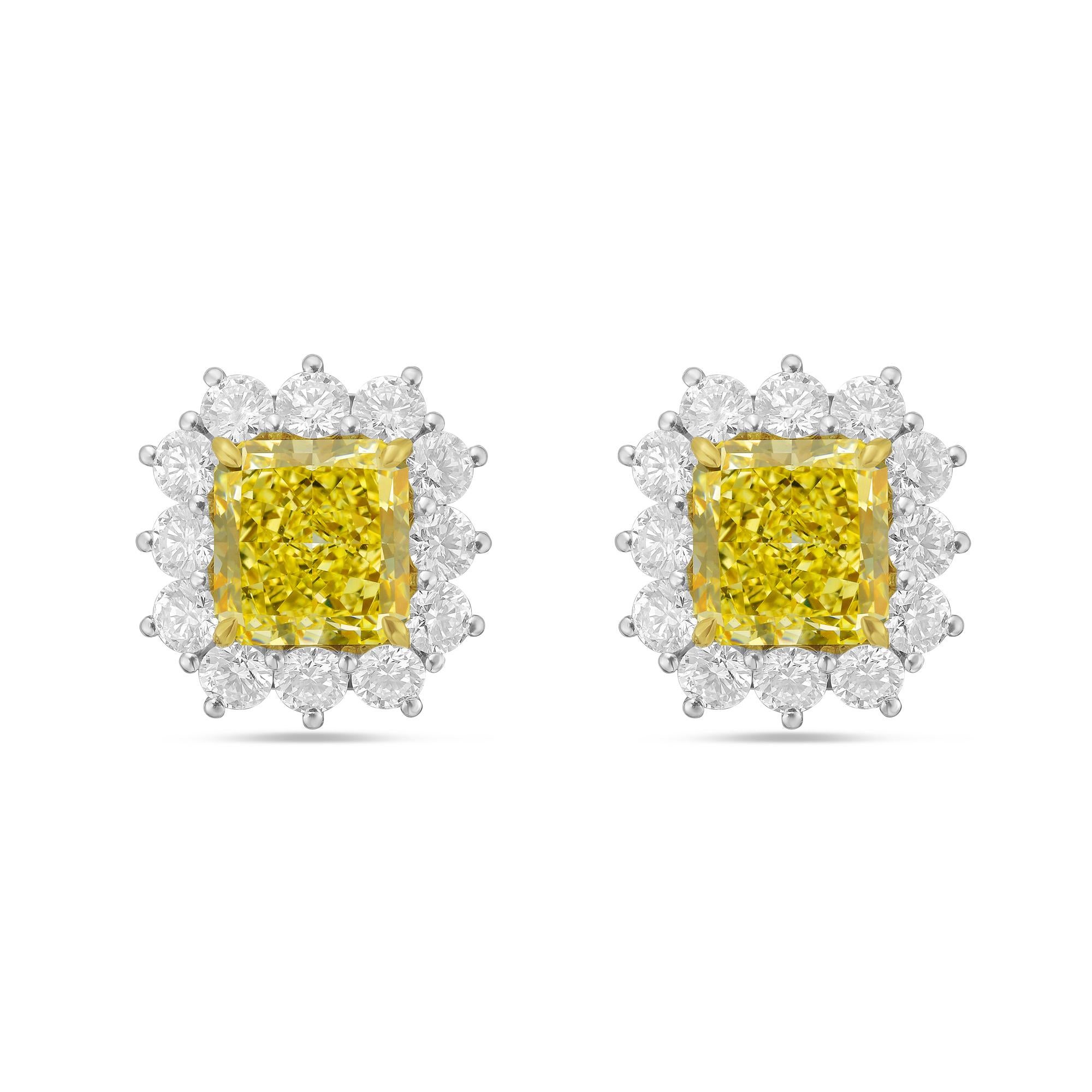 Cushion Cut Diana M. yellow diamond Stud Earrings 6.79ct yellow Diamonds 3ct of halo For Sale