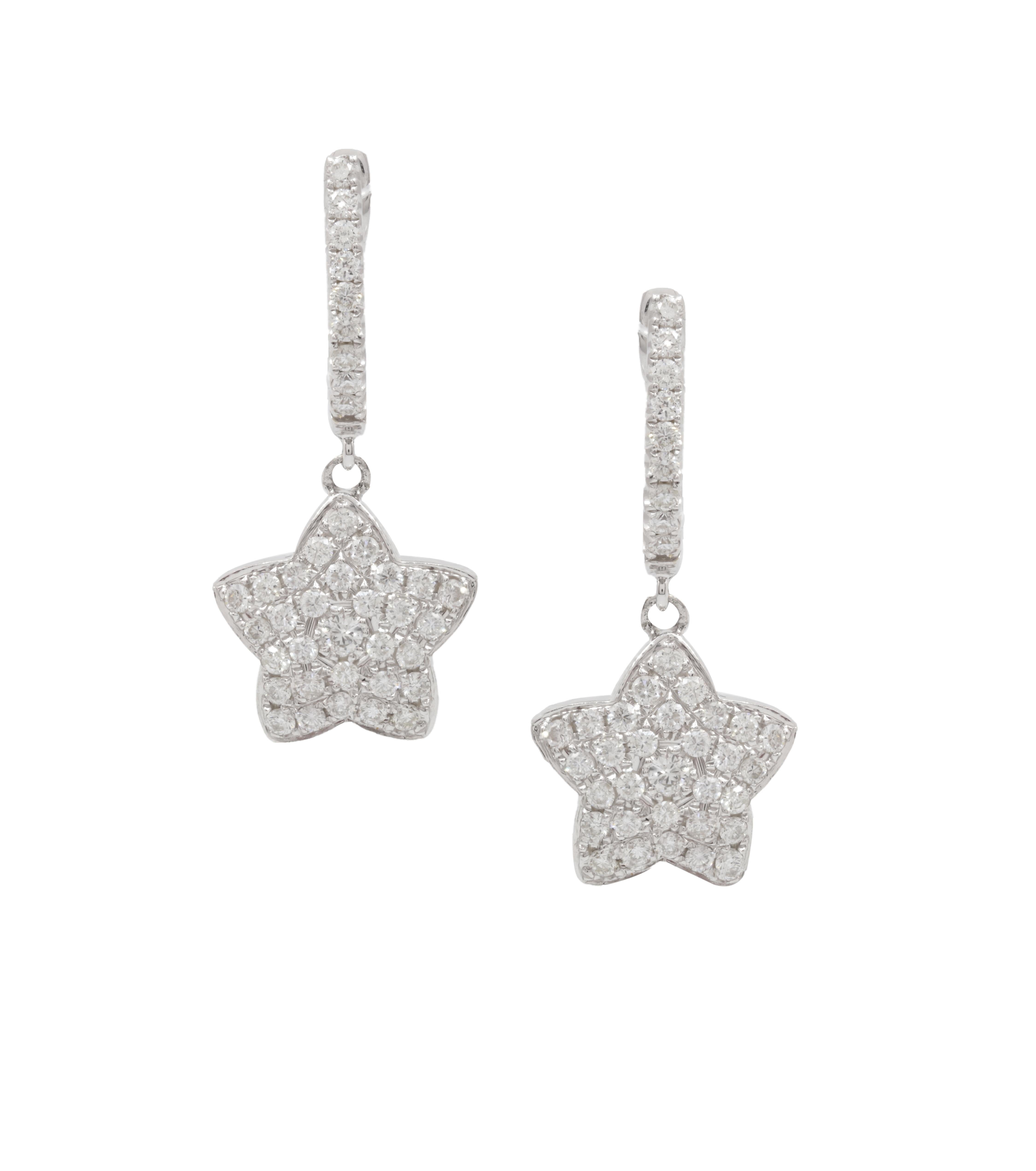 18 kt white gold diamond huggie earrings  with a star design adorned with 1.70 cts tw of diamonds.
Diana M. is a leading supplier of top-quality fine jewelry for over 35 years.
Diana M is one-stop shop for all your jewelry shopping, carrying line of