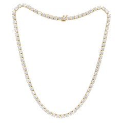 A&M. Custom 25.00 cts Round 4 Prong Diamond 18K Yellow Gold Tennis Necklace 