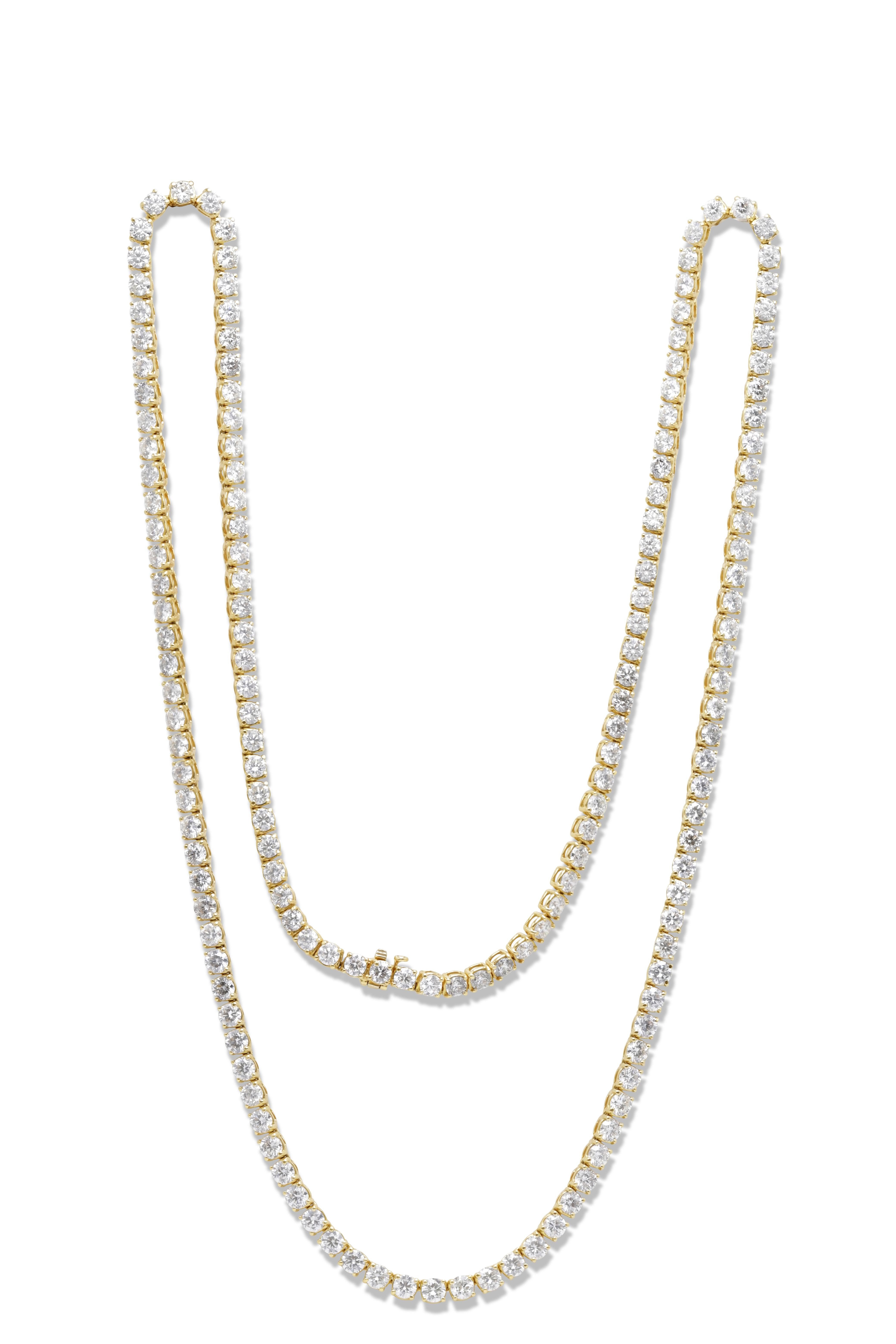 Round Cut Diana M.Custom 50.00 Cts Diamond Opera Length Riviera 18k Yellow Gold Necklace For Sale