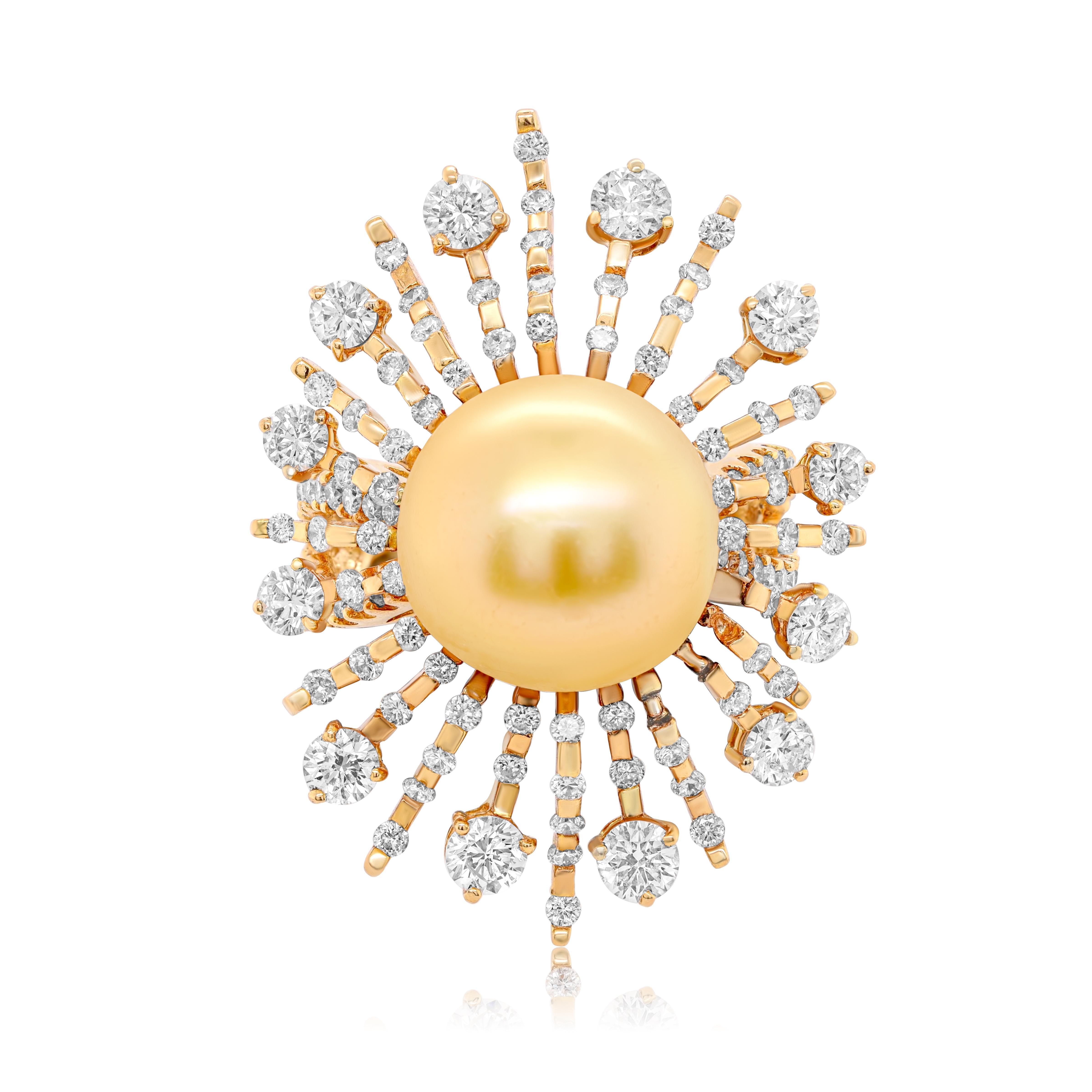 Pear Cut Diana M.18 kt yellow gold diamond and pearl ring featuring a 13.5 mm yellow pear For Sale