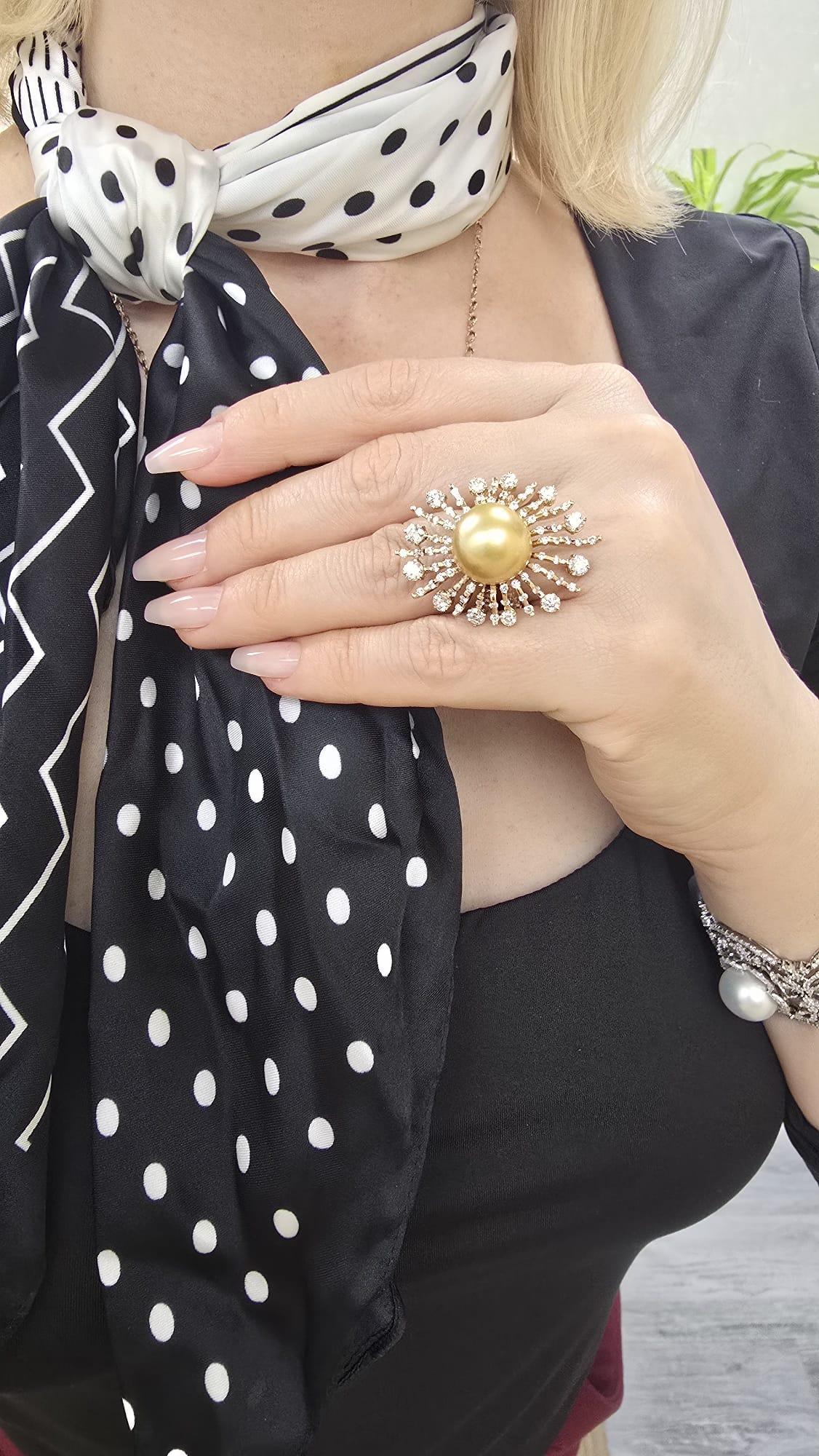 Women's or Men's Diana M.18 kt yellow gold diamond and pearl ring featuring a 13.5 mm yellow pear For Sale