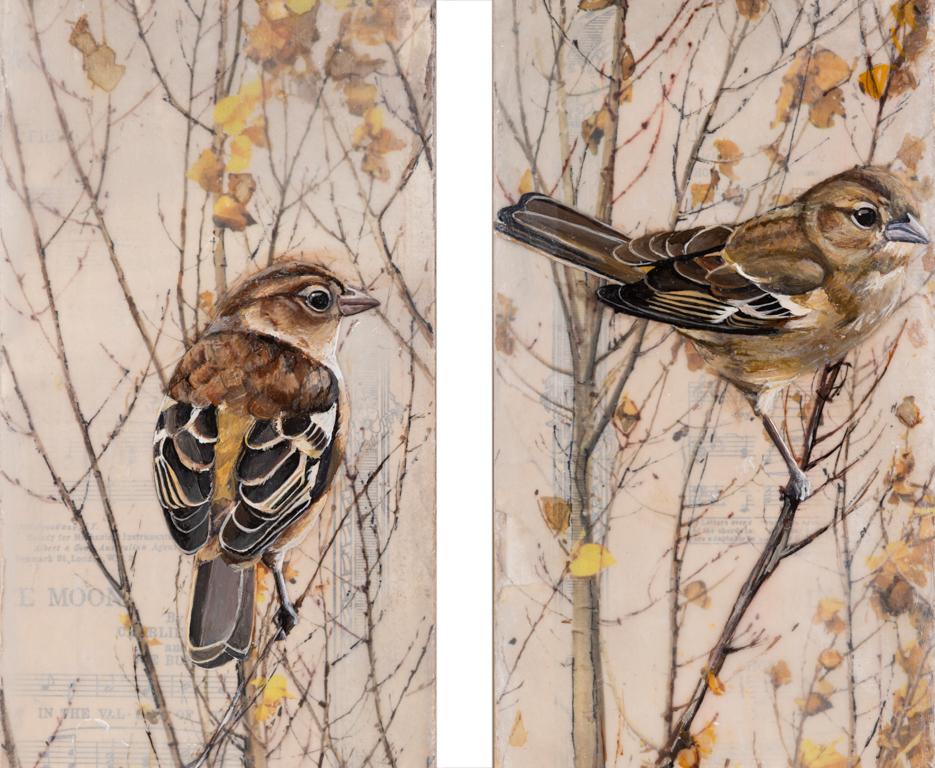 Herbst Sonata I & II - Enkaustik-Lagengemälde von Vögeln in Zweigen mit Musik – Painting von Diana Majumdar