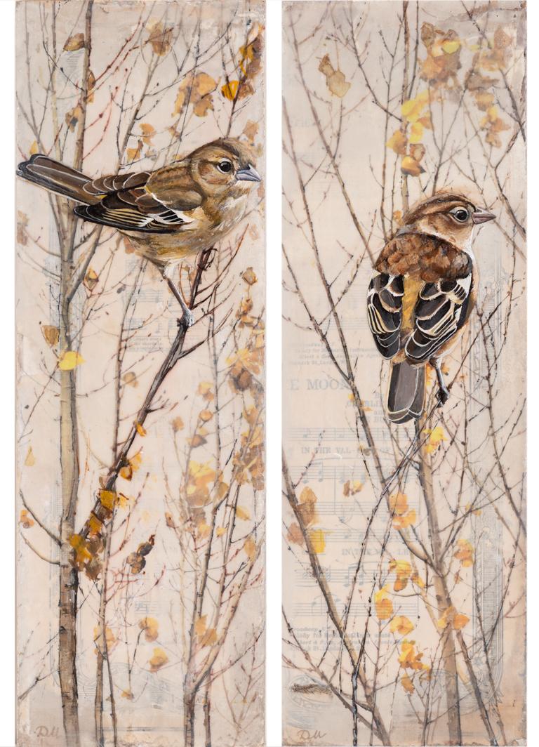 Herbst Sonata I & II - Enkaustik-Lagengemälde von Vögeln in Zweigen mit Musik (Zeitgenössisch), Painting, von Diana Majumdar