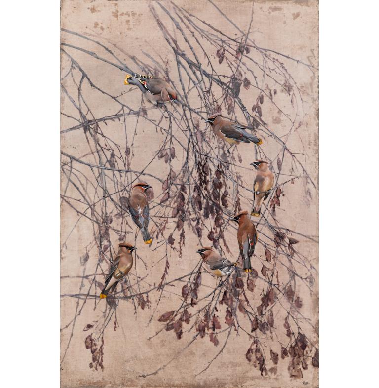 Diana Majumdar Animal Painting – Pirouette - Enkaustik Mehrschichtiges Gemälde von Vögeln in einem Baum Zeitgenössisch 