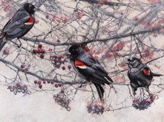 Winter Berries - Encaustic Layered Painting of Birds in Tree Contemporary