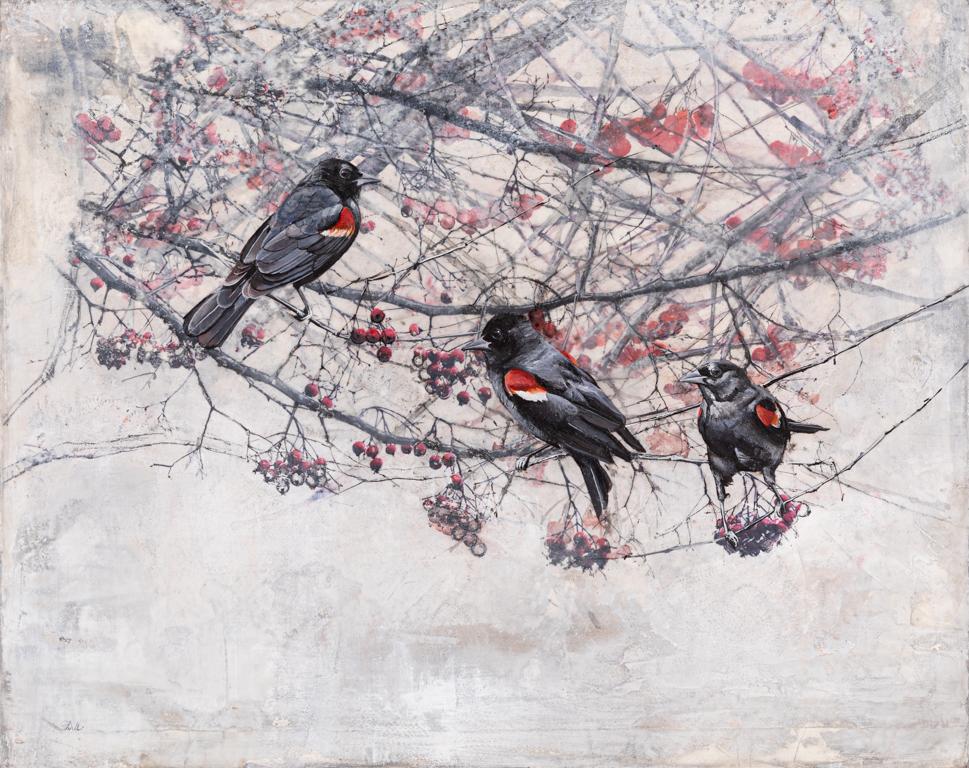 Winter Berries - Encaustic Layered Painting of Birds in Tree Contemporary  - Mixed Media Art by Diana Majumdar