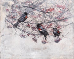 Winter Berries - Encaustic Layered Painting of Birds in Tree Contemporary 