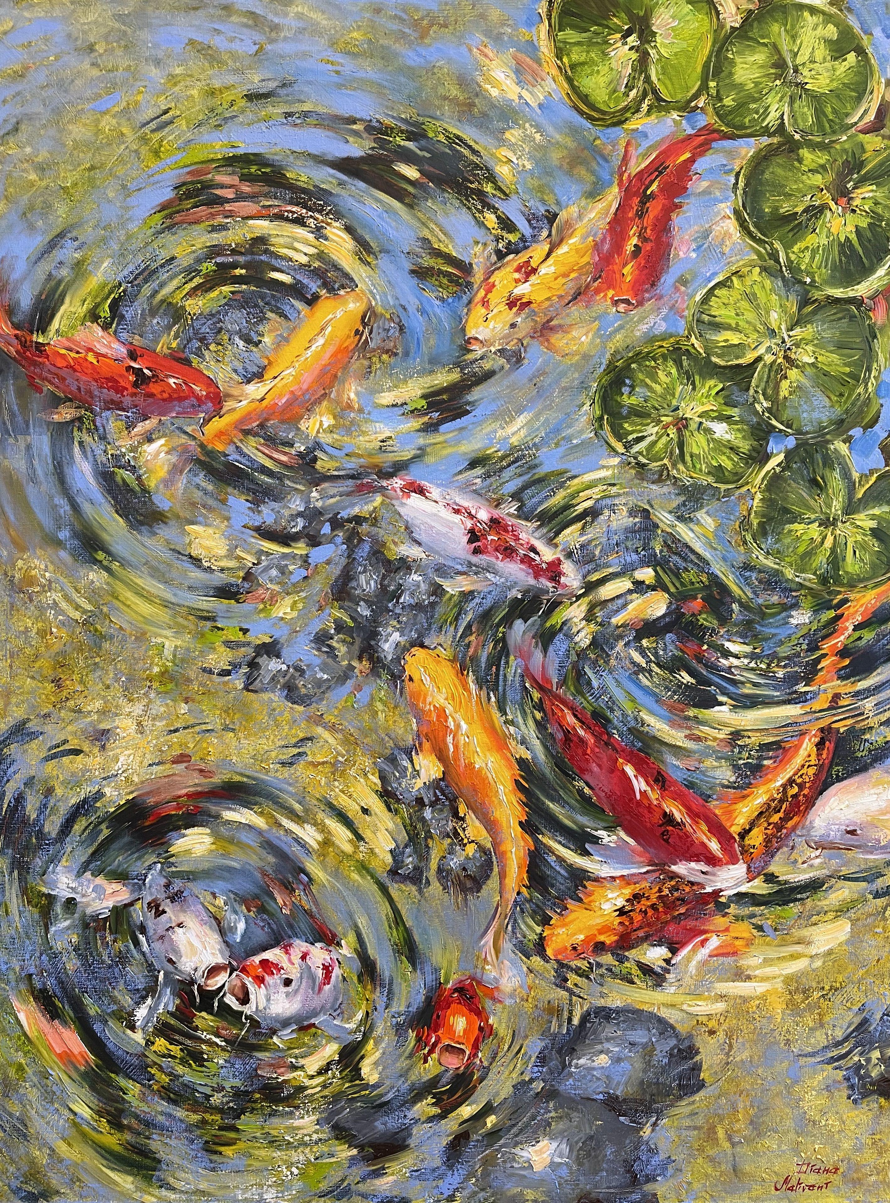Diana Malivani Koi Fish, Painting, Oil on Canvas For Sale at 1stDibs