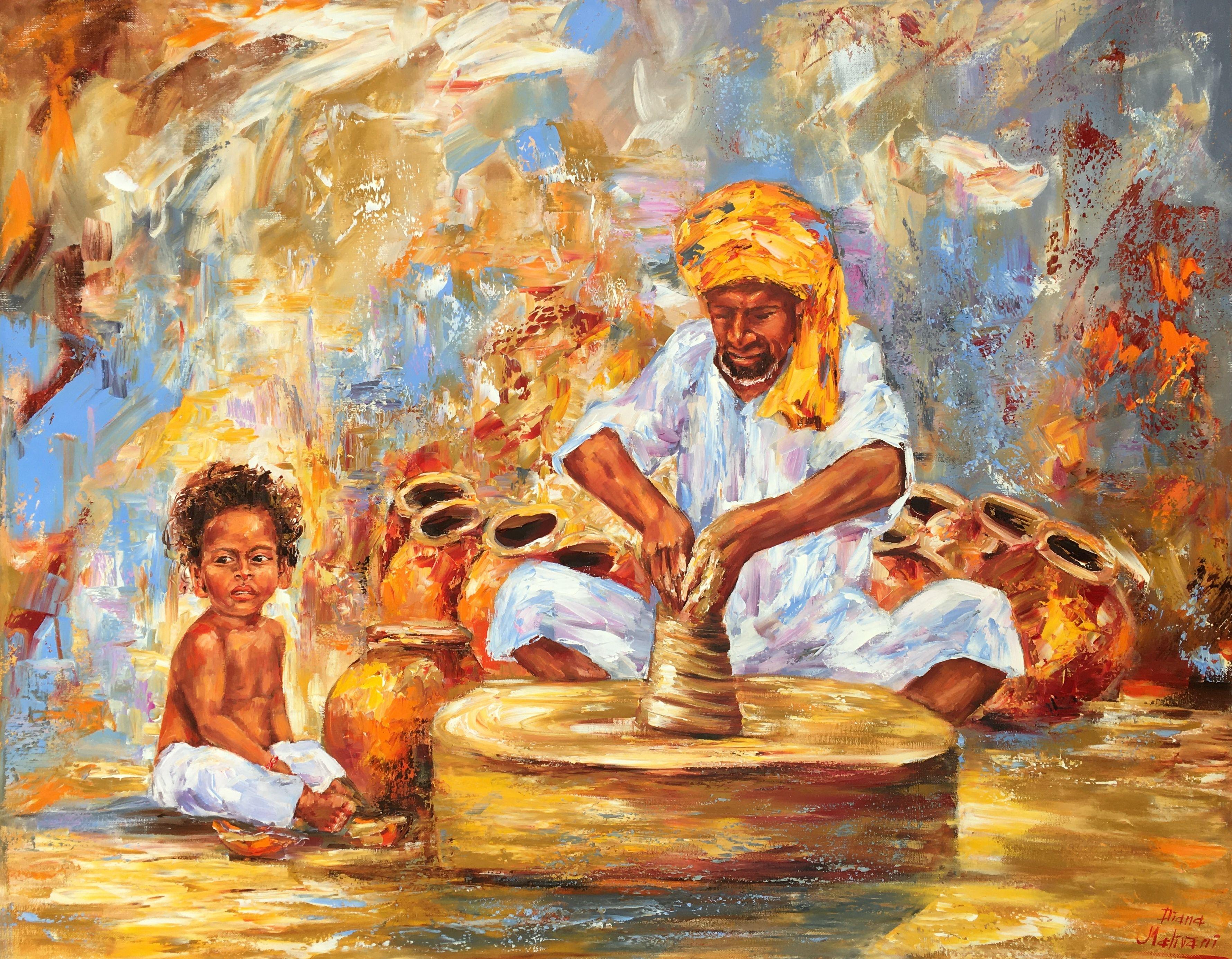 Diana Malivani Figurative Painting - The Potter, Painting, Oil on Canvas
