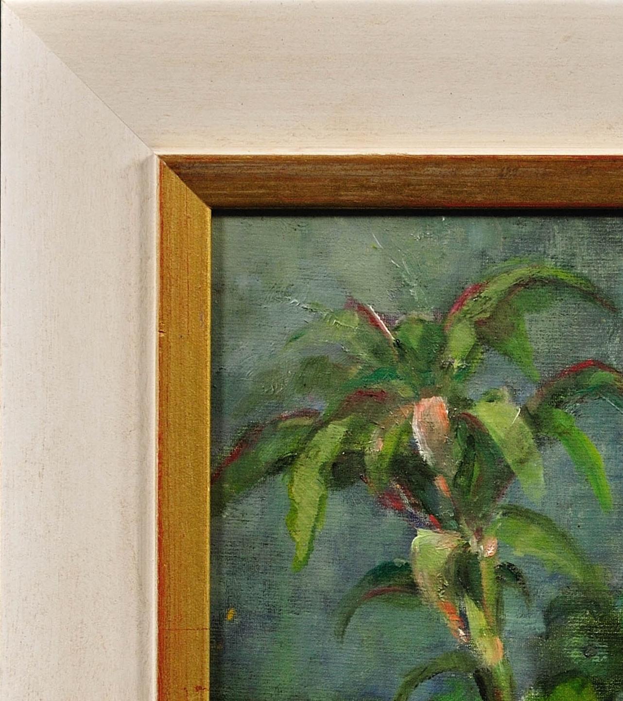 Primule rosa e piante in vaso incorniciate Modern British Still Life Flower Oil Painting in vendita 17