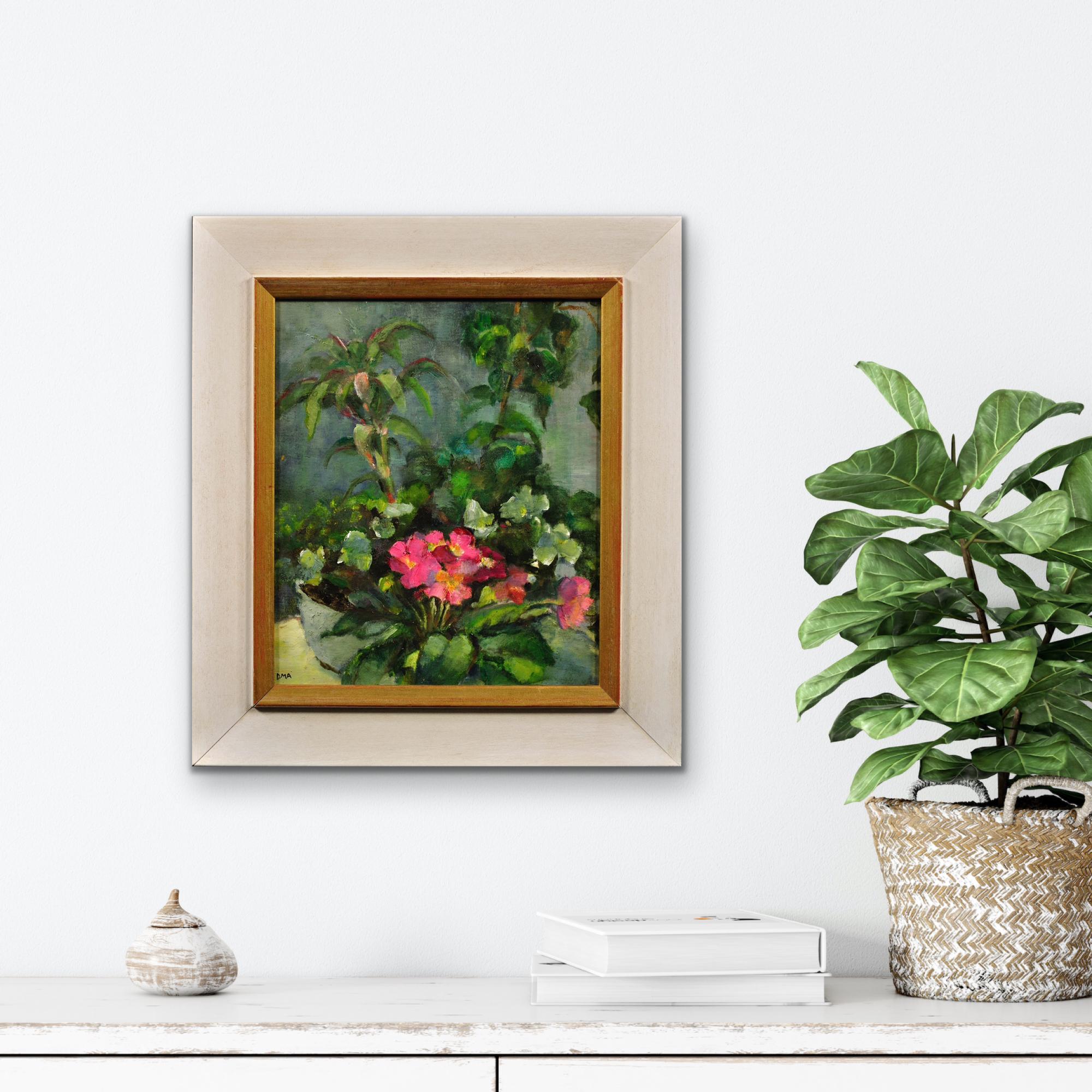 Pink Primulas & Pot Plants.Original Still Life Flower Painting. Modern British. For Sale 7