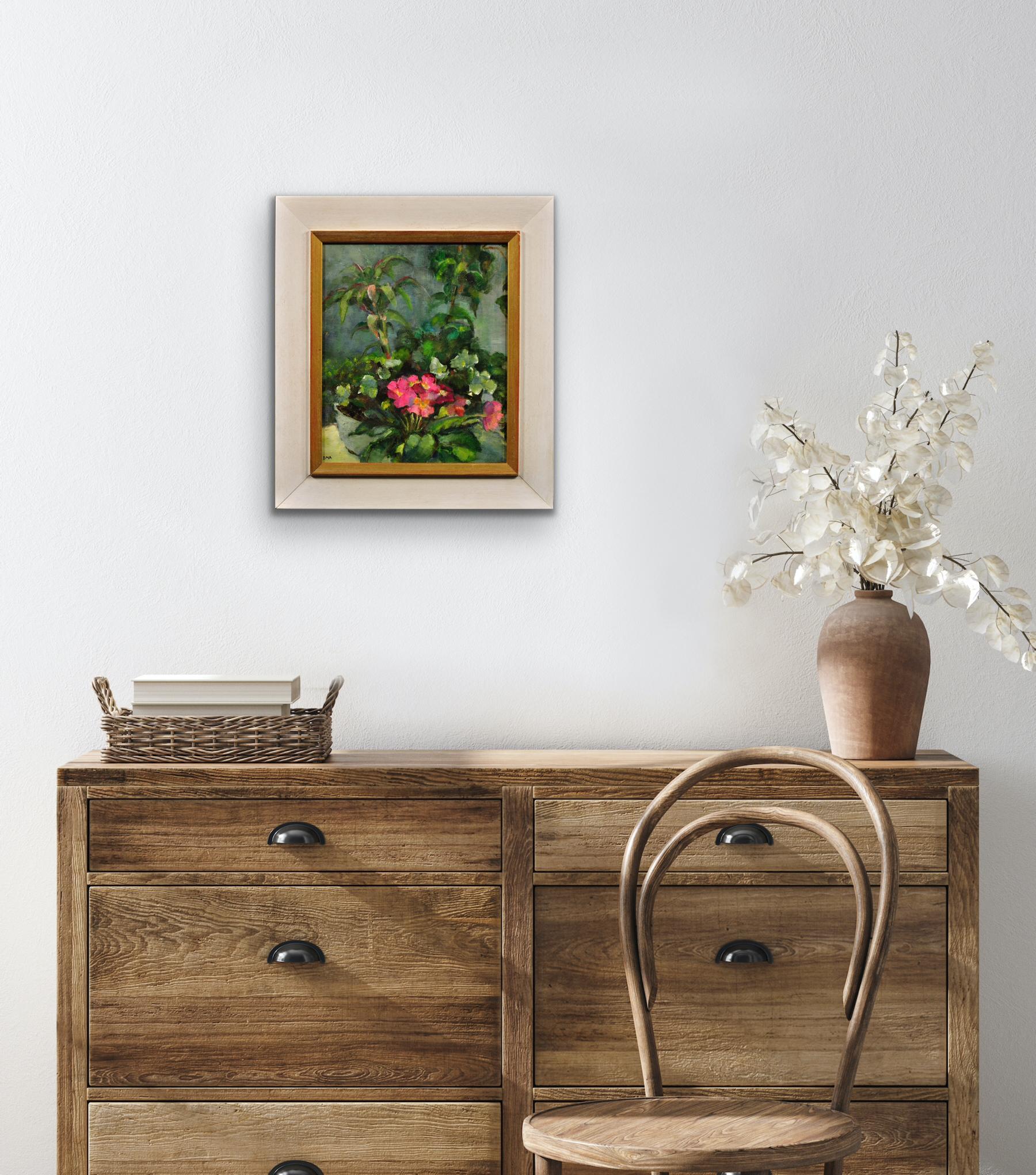 Pink Primulas & Pot Plants.Original Still Life Flower Painting. Modern British. For Sale 9