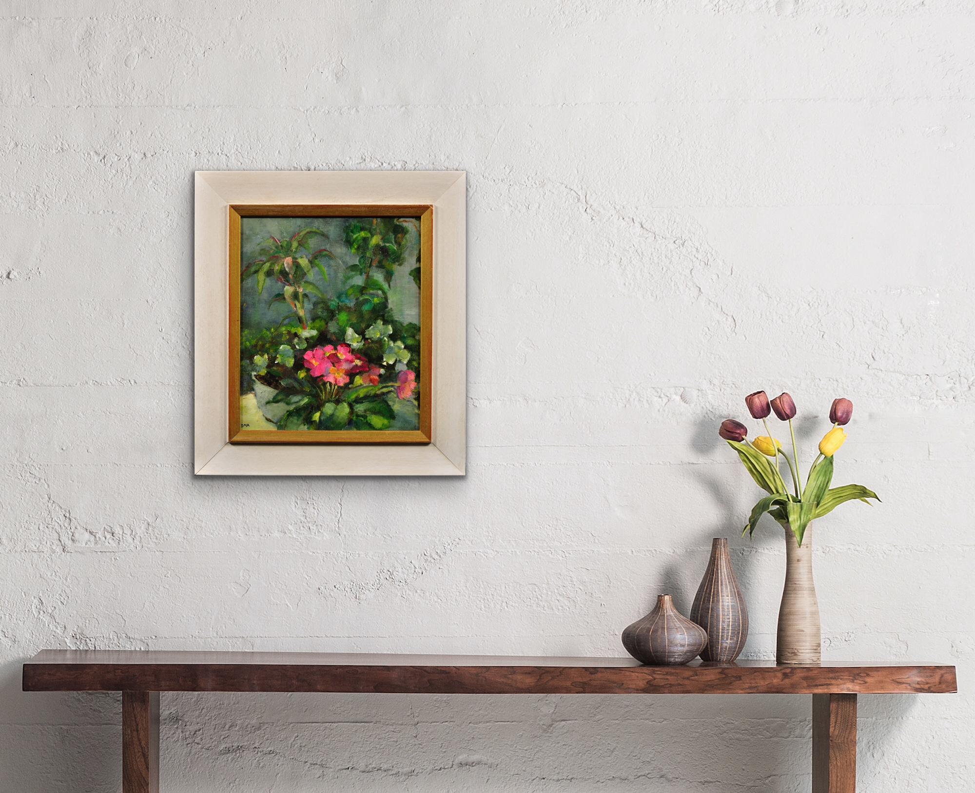 Pink Primulas & Pot Plants.Original Still Life Flower Painting. Modern British. For Sale 10