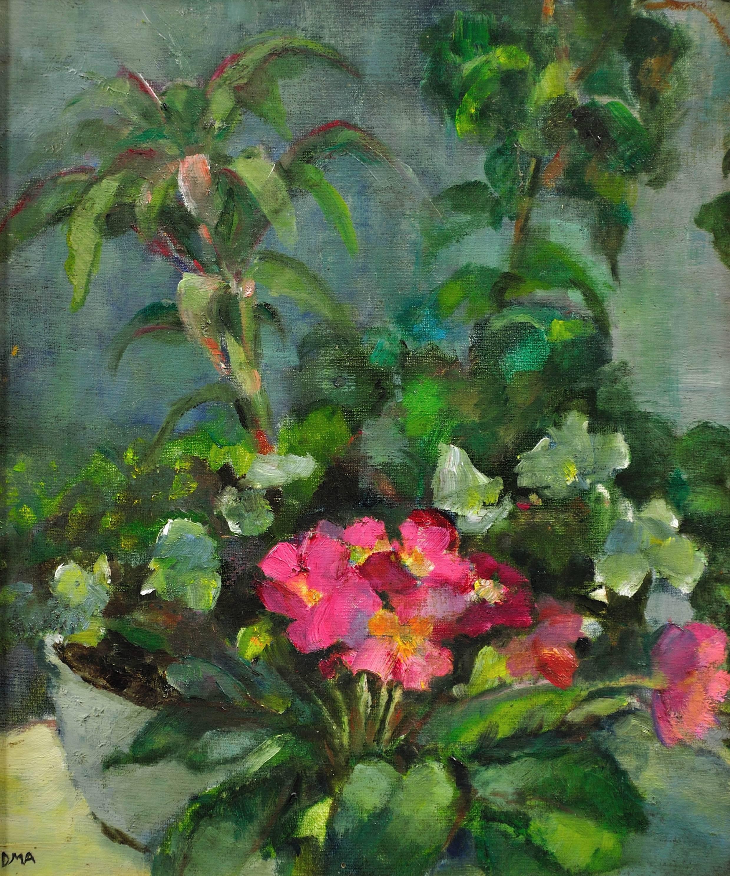 Primule rosa e piante in vaso incorniciate Modern British Still Life Flower Oil Painting - Still-Life Painting Marrone di Diana Maxwell Armfield