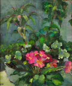 Pink Primulas & Pot Plants Framed Modern British Still Life Flower Oil Painting