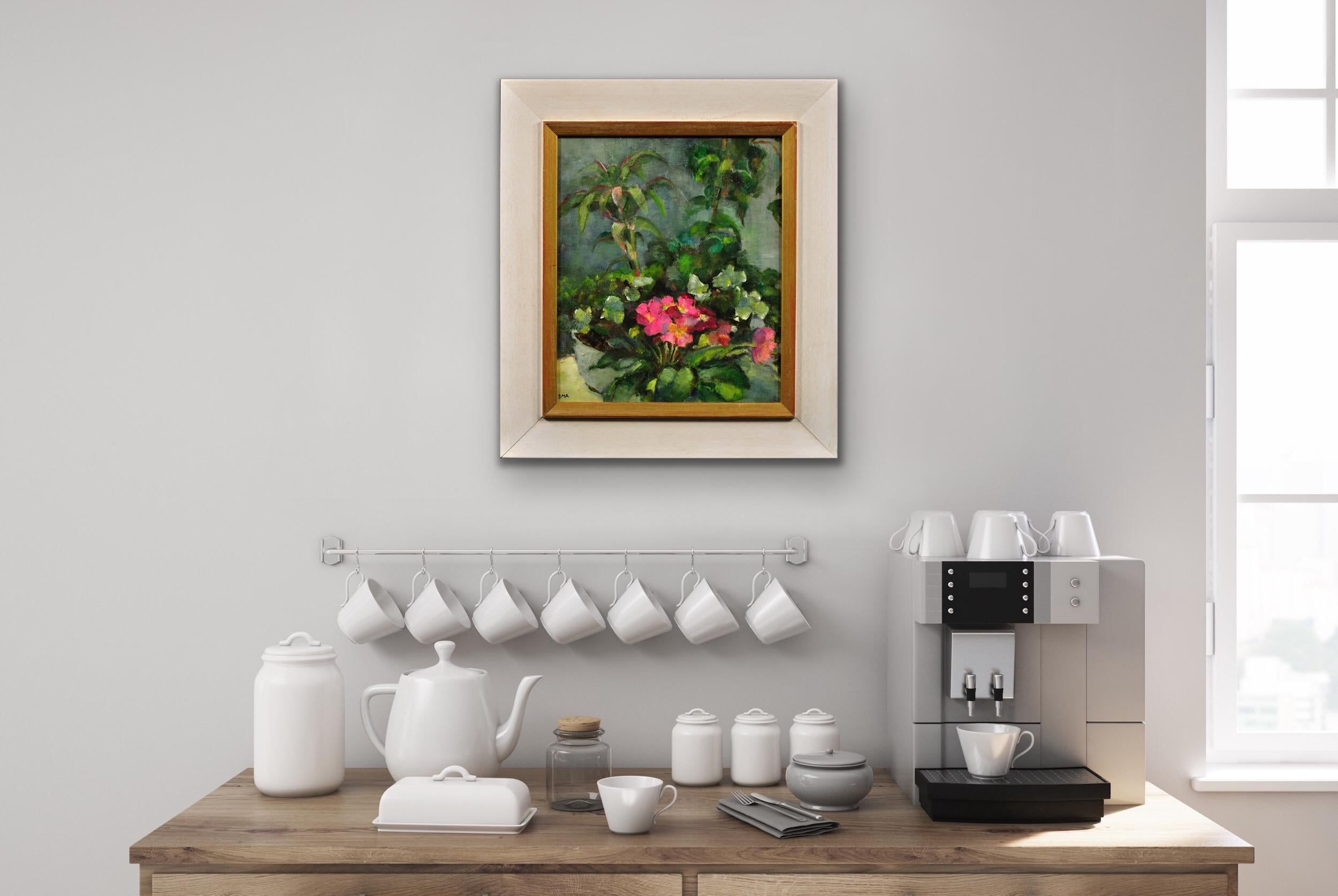 Pink Primulas & Pot Plants.Original Still Life Flower Painting. Modern British. For Sale 2