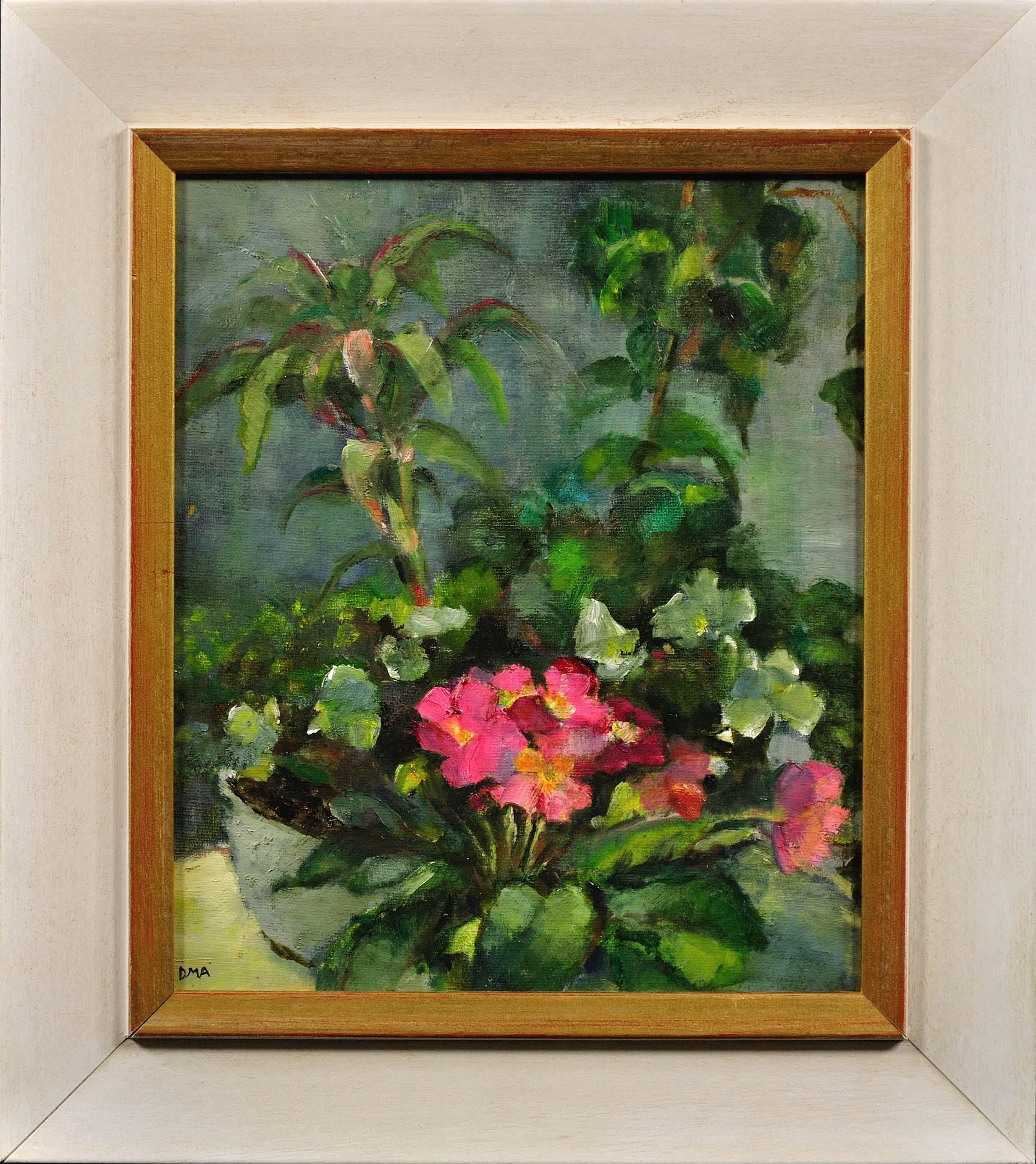Still-Life Painting di Diana Maxwell Armfield - Primule rosa e piante in vaso incorniciate Modern British Still Life Flower Oil Painting