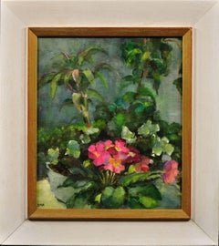 Rosa Primulas & Pot Pflanzgefäße. Original Stillleben-Blumengemälde. Modernes Britisch.