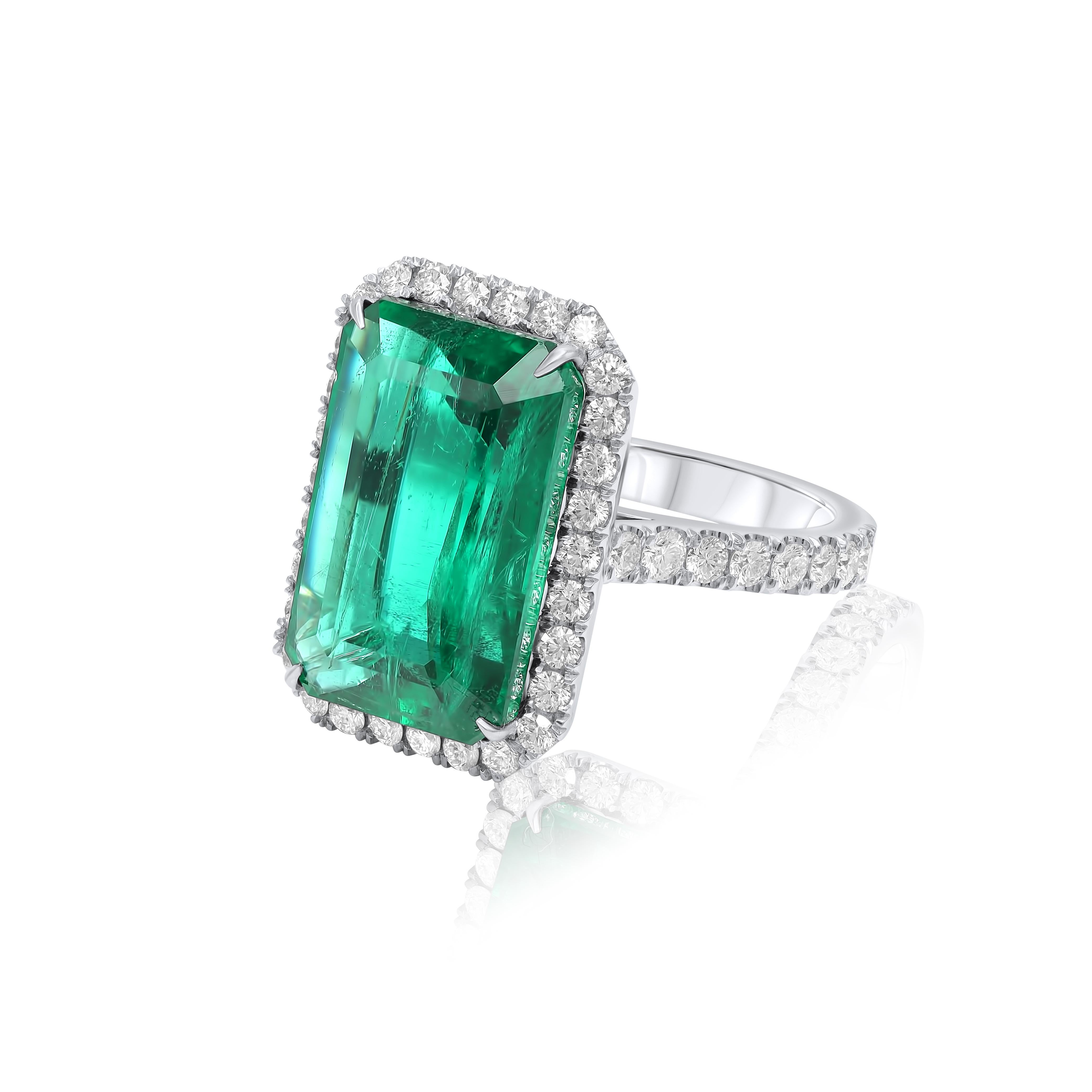 Modern Diana M.Platinum emerald diamond ring featuring a 10.07 ct natural emerald  For Sale