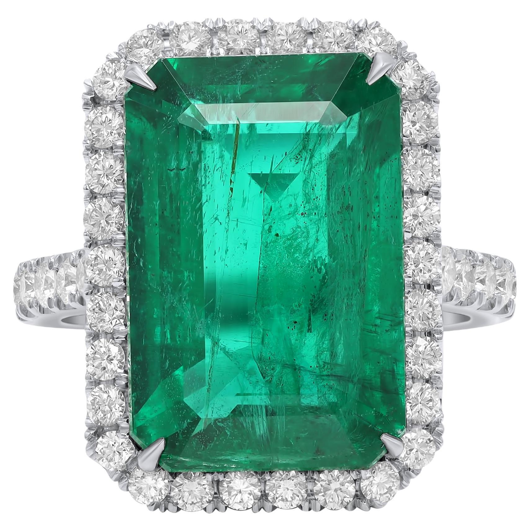 Diana M.Platinum emerald diamond ring featuring a 10.07 ct natural emerald  For Sale