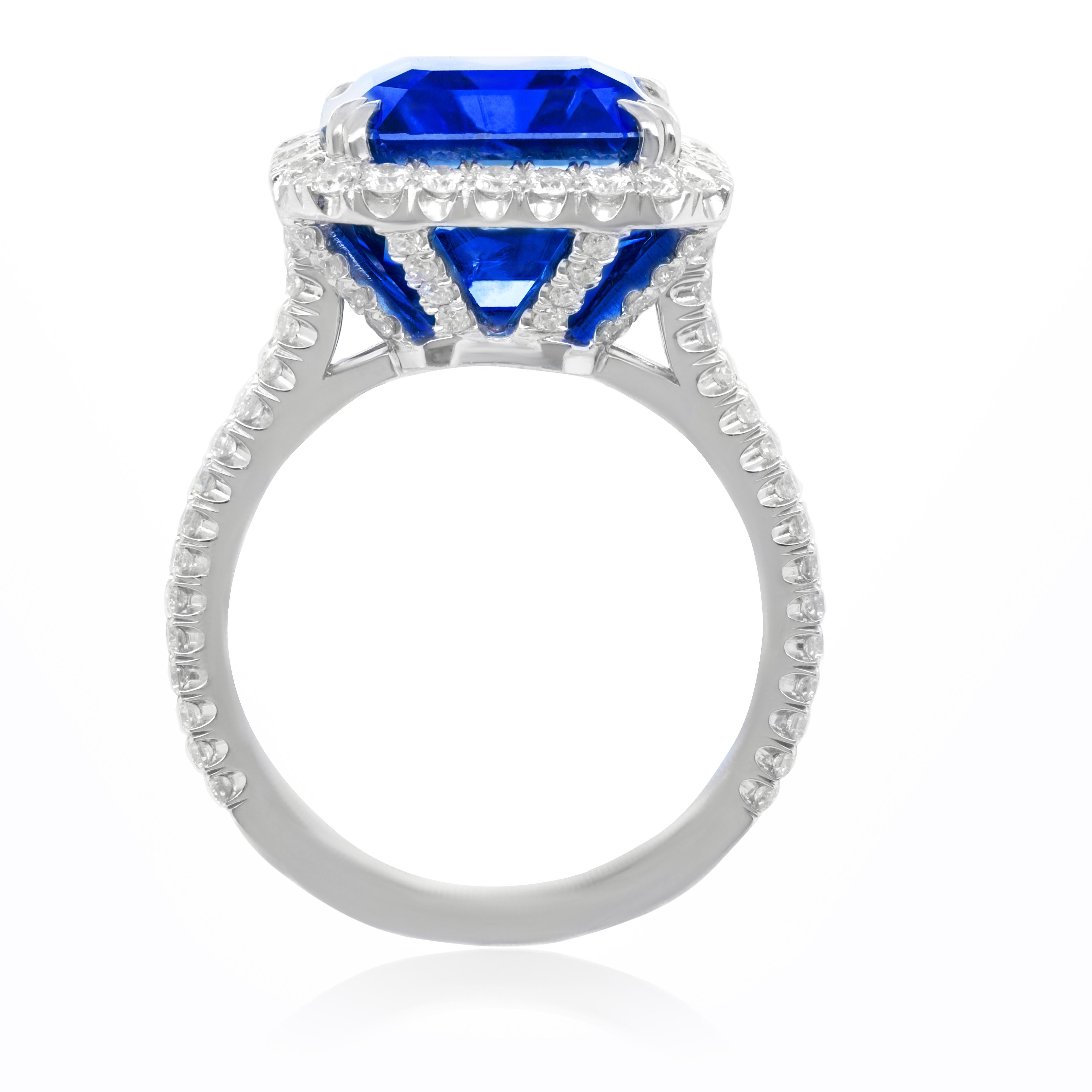 Platinum sapphire and diamond ring featuring a 13.42 ct Gublin certified unheated emerald cut Ceylon sapphire (no heat) surrounded with 2 rows of diamonds totaling 1.75 cts tw
Diana M. is a leading supplier of top-quality fine jewelry for over 35