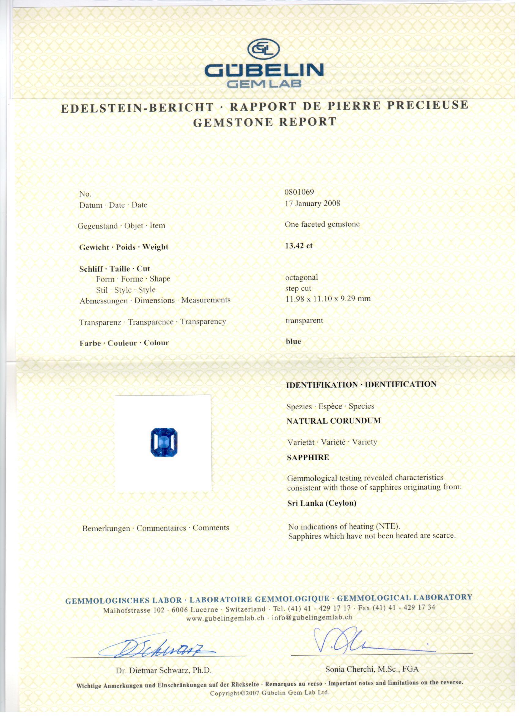 Diana M.Platinum Saphir- und Diamantring mit einem 13,42 Karat Gublin-zertifizierten (Kissenschliff) im Angebot