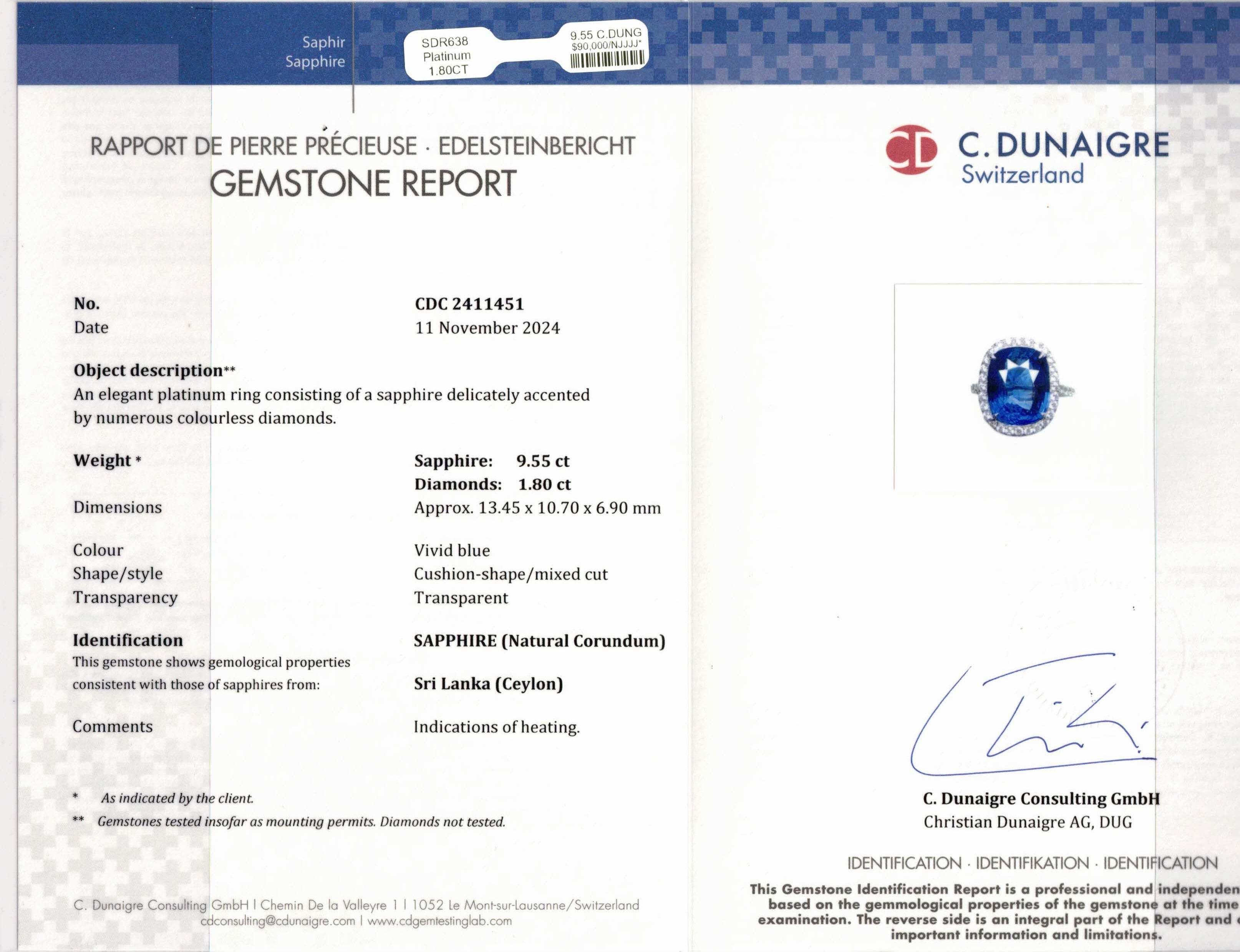 da uomo o donna Diana M. Anello con zaffiro e diamante in platino con cuspide certificata GIC da 9,55 ct. in vendita