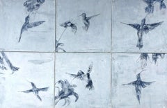 Silver Hummingbirds, encaustic painting 