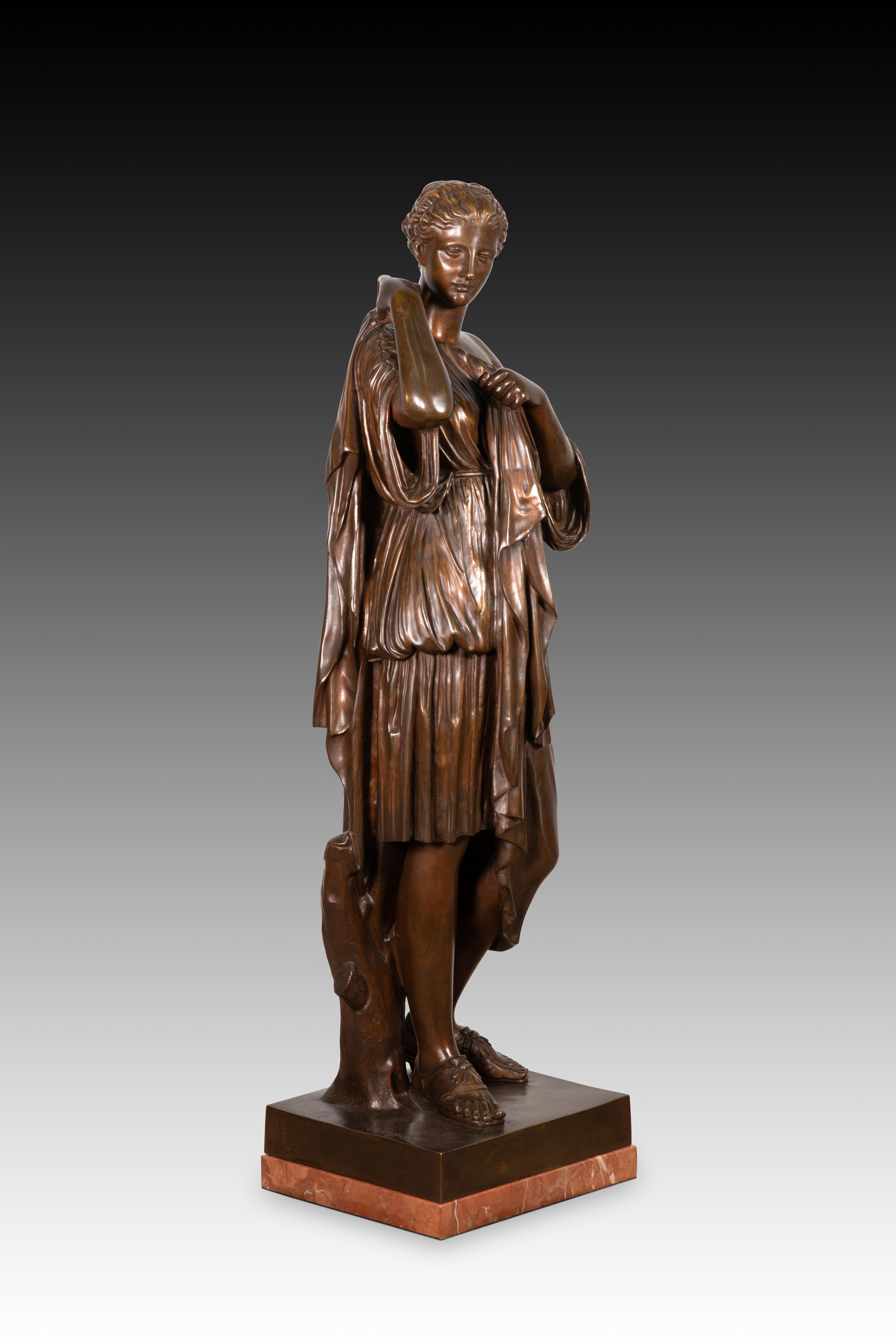  Diana of Gabies. Bronze, marble. Raingo Frères, France, circa the second half of the 19th century. 
 Signed at the base. 
Bronze figure on a stone base depicting a lady wearing sandals, adjusting a draped garment (called a chiton), raising her arms