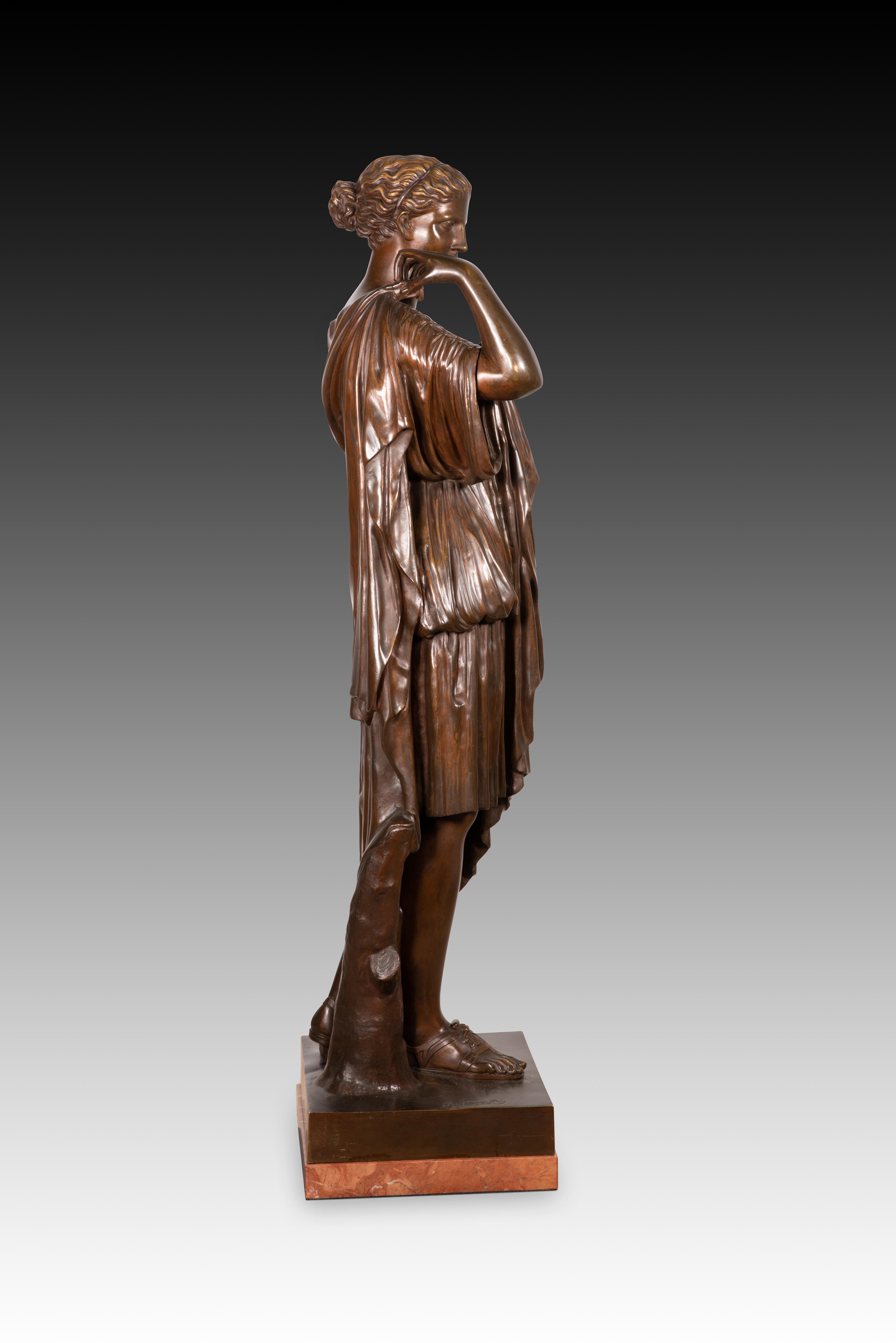 Neoclassical Revival Diana of Gabies. Bronze, marble. Raingo Frères, France, 19th century For Sale
