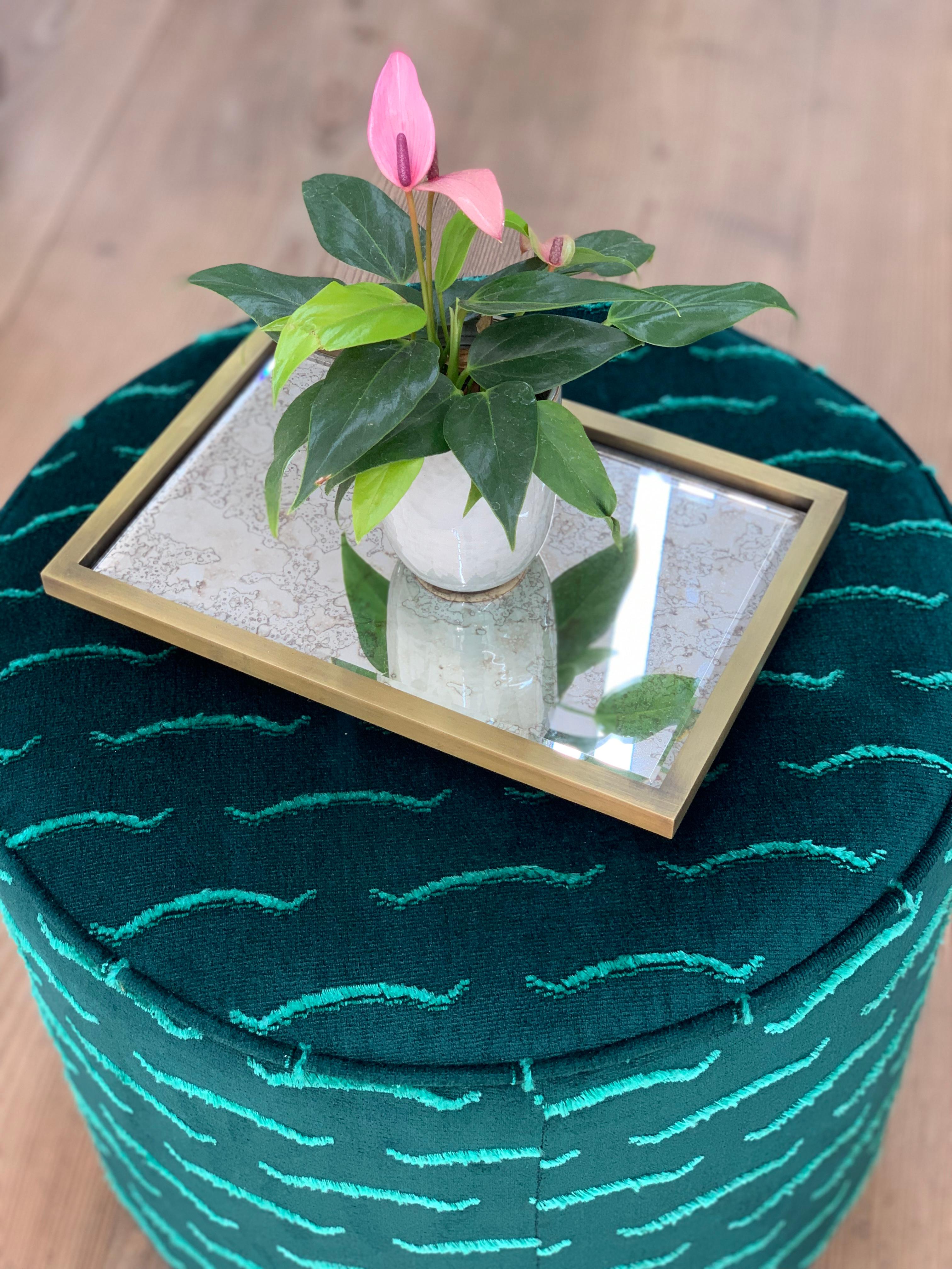 Brushed Diana Pouf Upholstered in Nouvelle Vague Velvet with Black Plinth For Sale