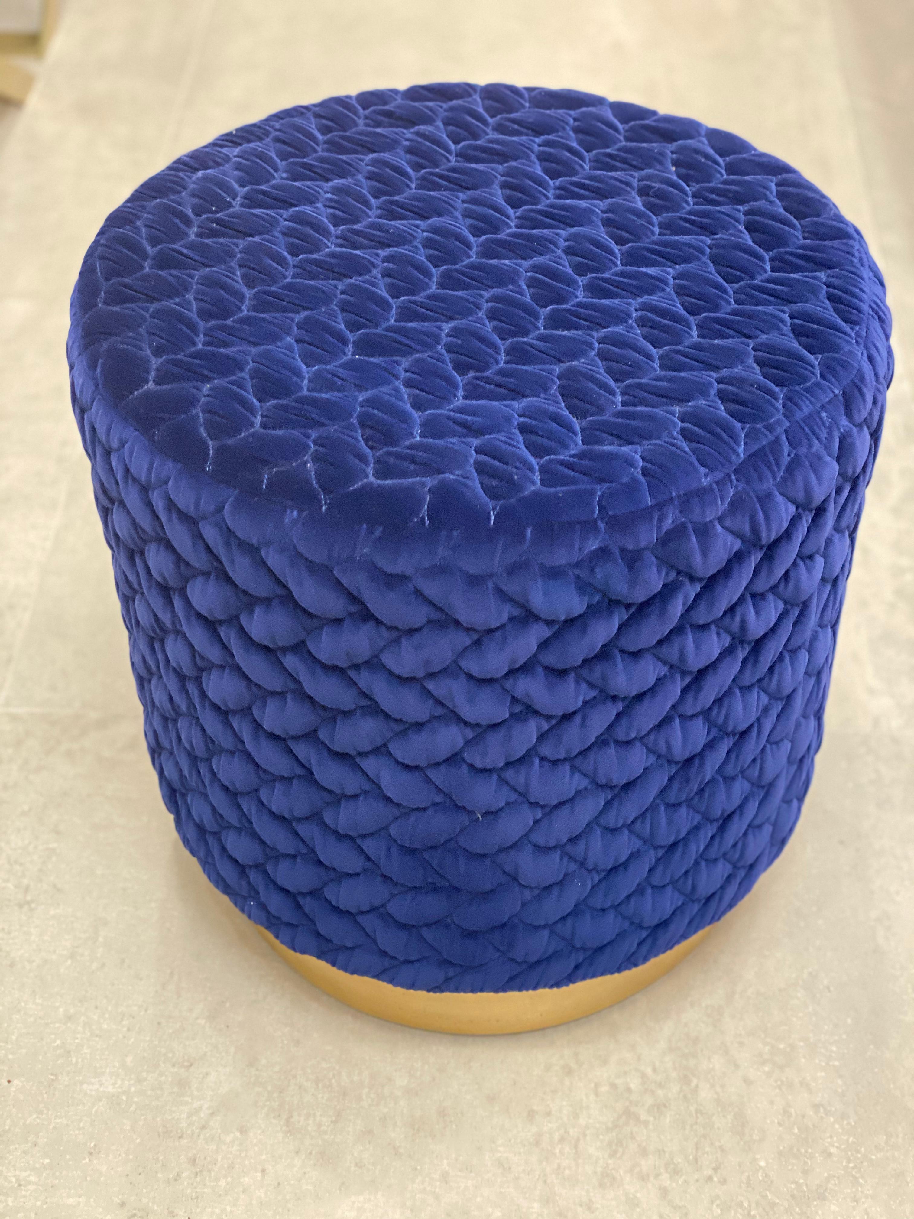 Diana Pouf Upholstered in Velvet Tresse Lapis Blue with Brass Plinth For Sale 7