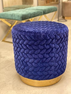 Diana Pouf Upholstered in Velvet Tresse Lapis Blue with Brass Plinth