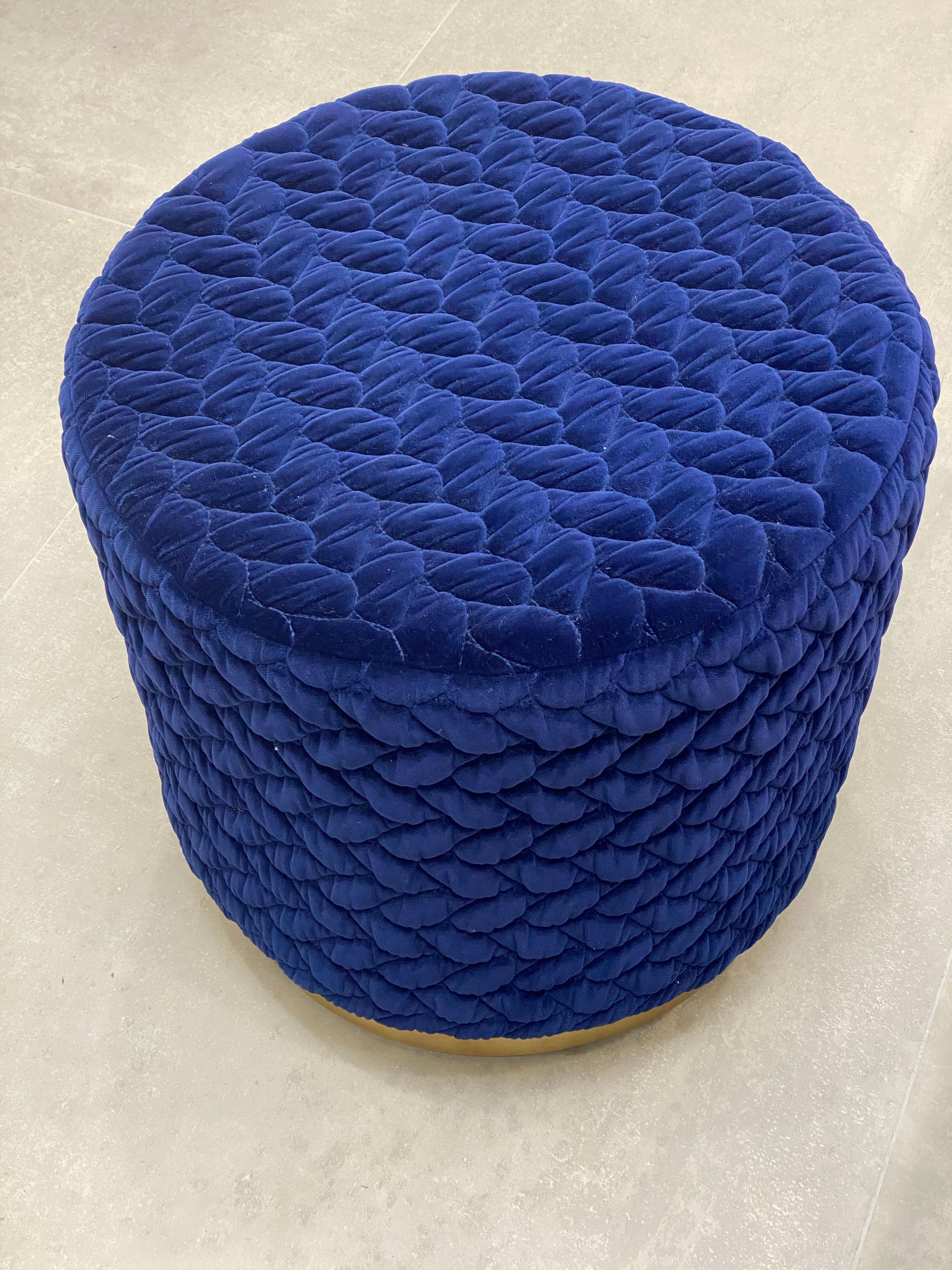 Brushed Diana Pouf Upholstered in Velvet Tresse Lapis Blue with Brass Plinth For Sale