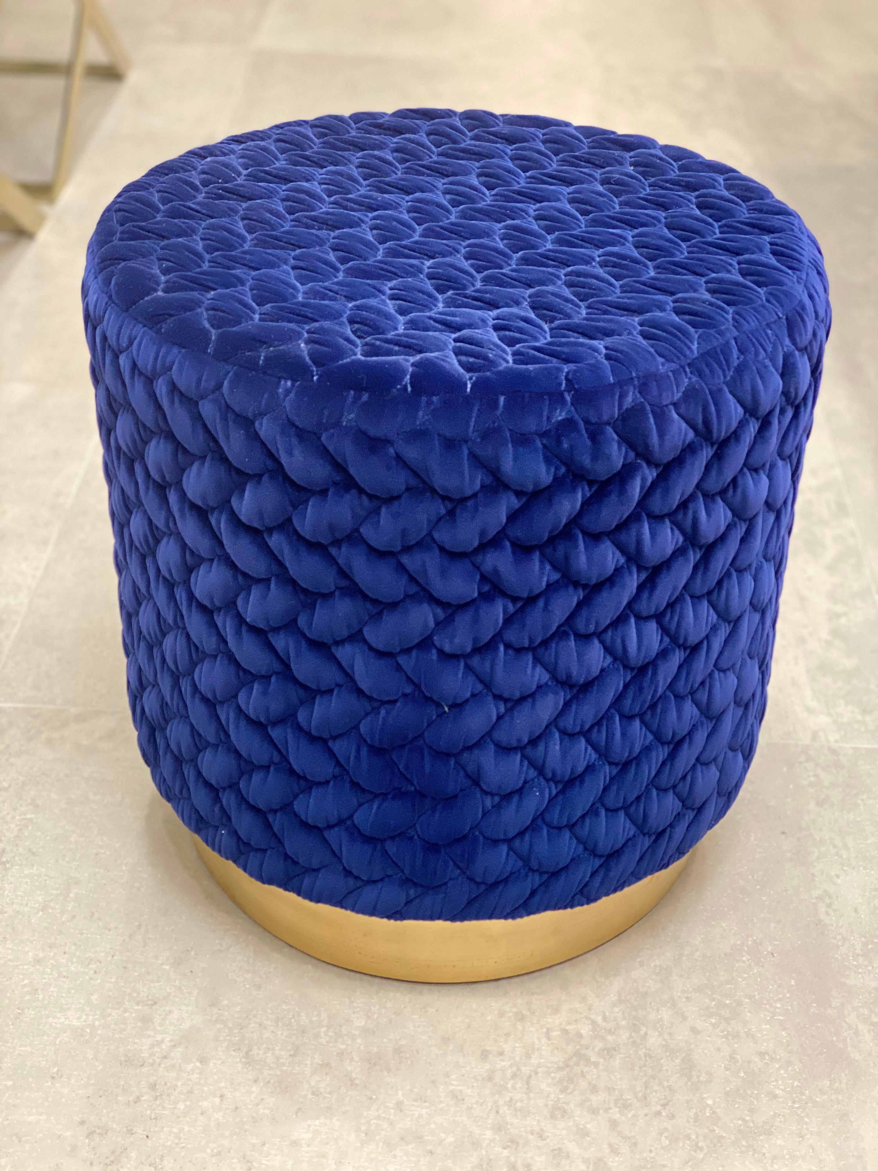 Diana Pouf Upholstered in Velvet Tresse Lapis Blue with Brass Plinth In New Condition For Sale In London, GB