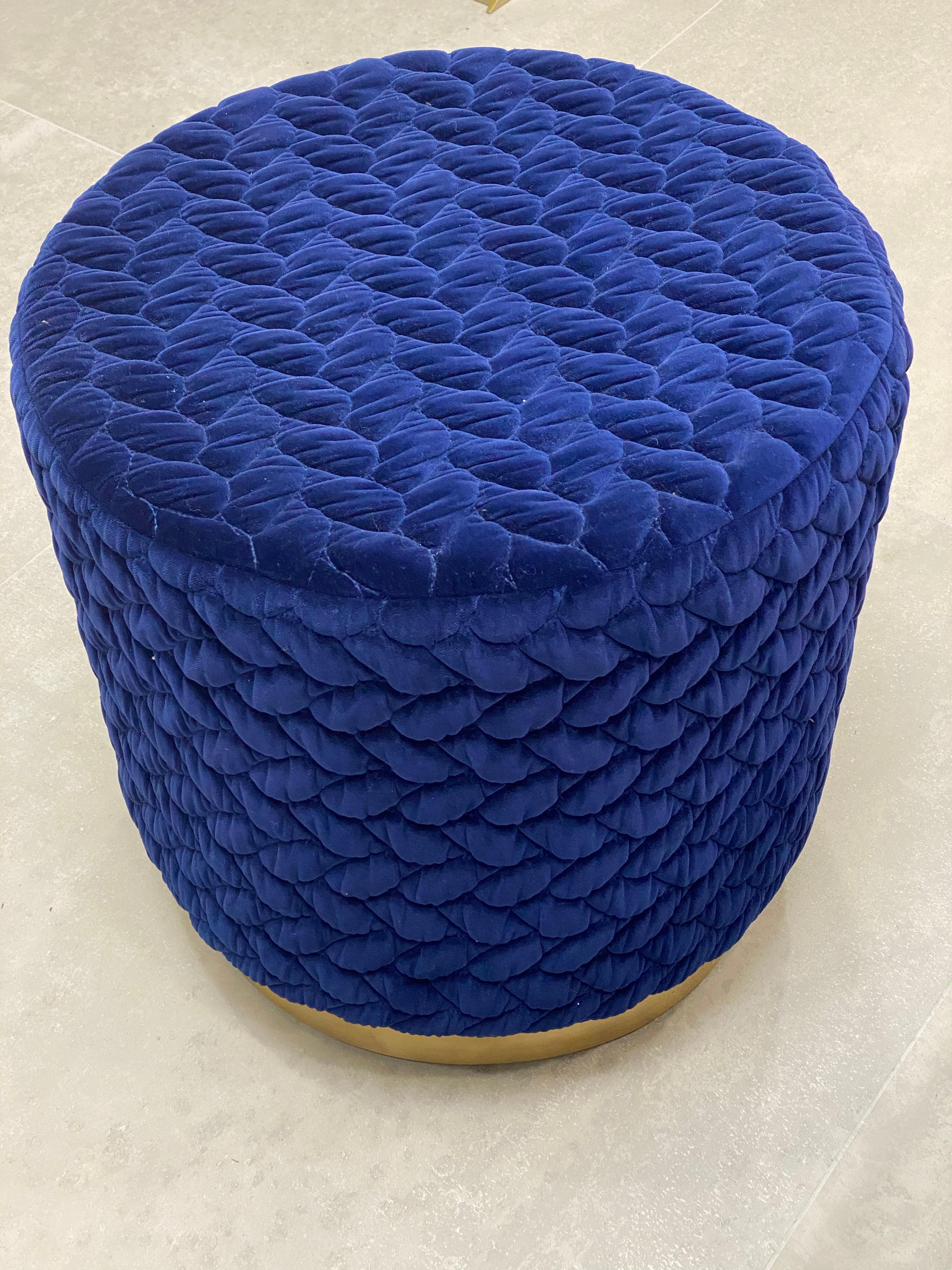 Contemporary Diana Pouf Upholstered in Velvet Tresse Lapis Blue with Brass Plinth For Sale