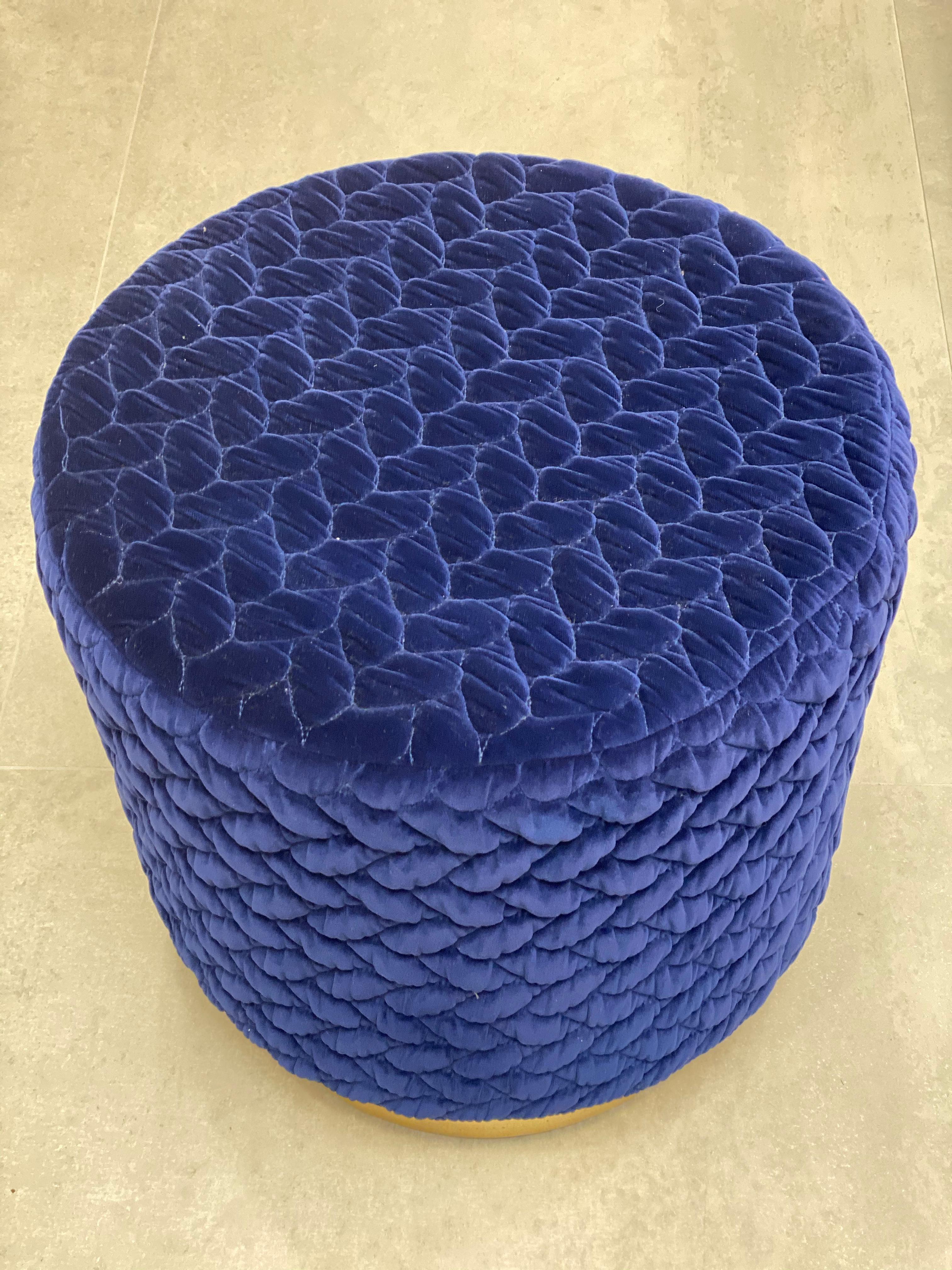 Diana Pouf Upholstered in Velvet Tresse Lapis Blue with Brass Plinth For Sale 1