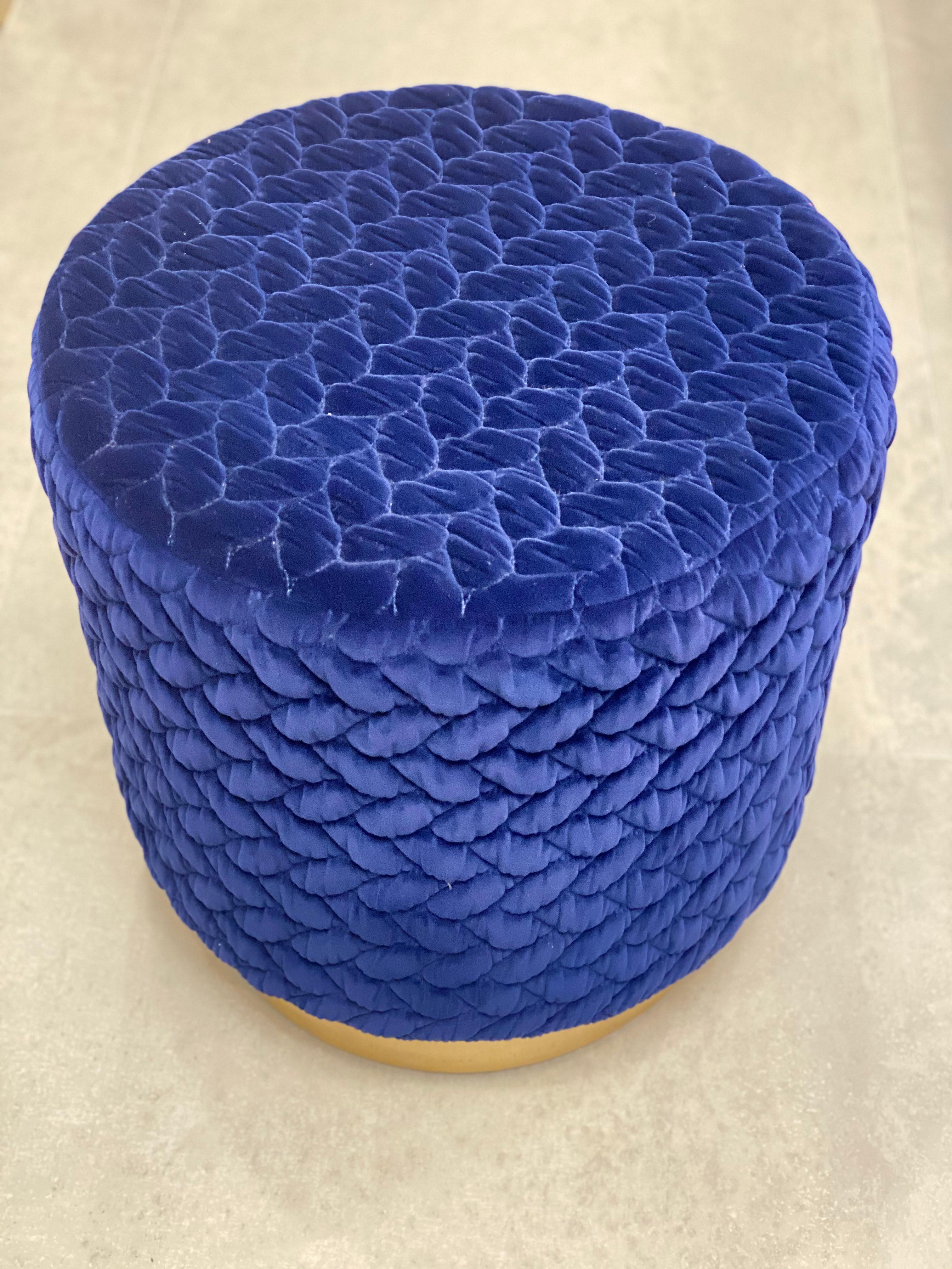 Diana Pouf Upholstered in Velvet Tresse Lapis Blue with Brass Plinth For Sale 2