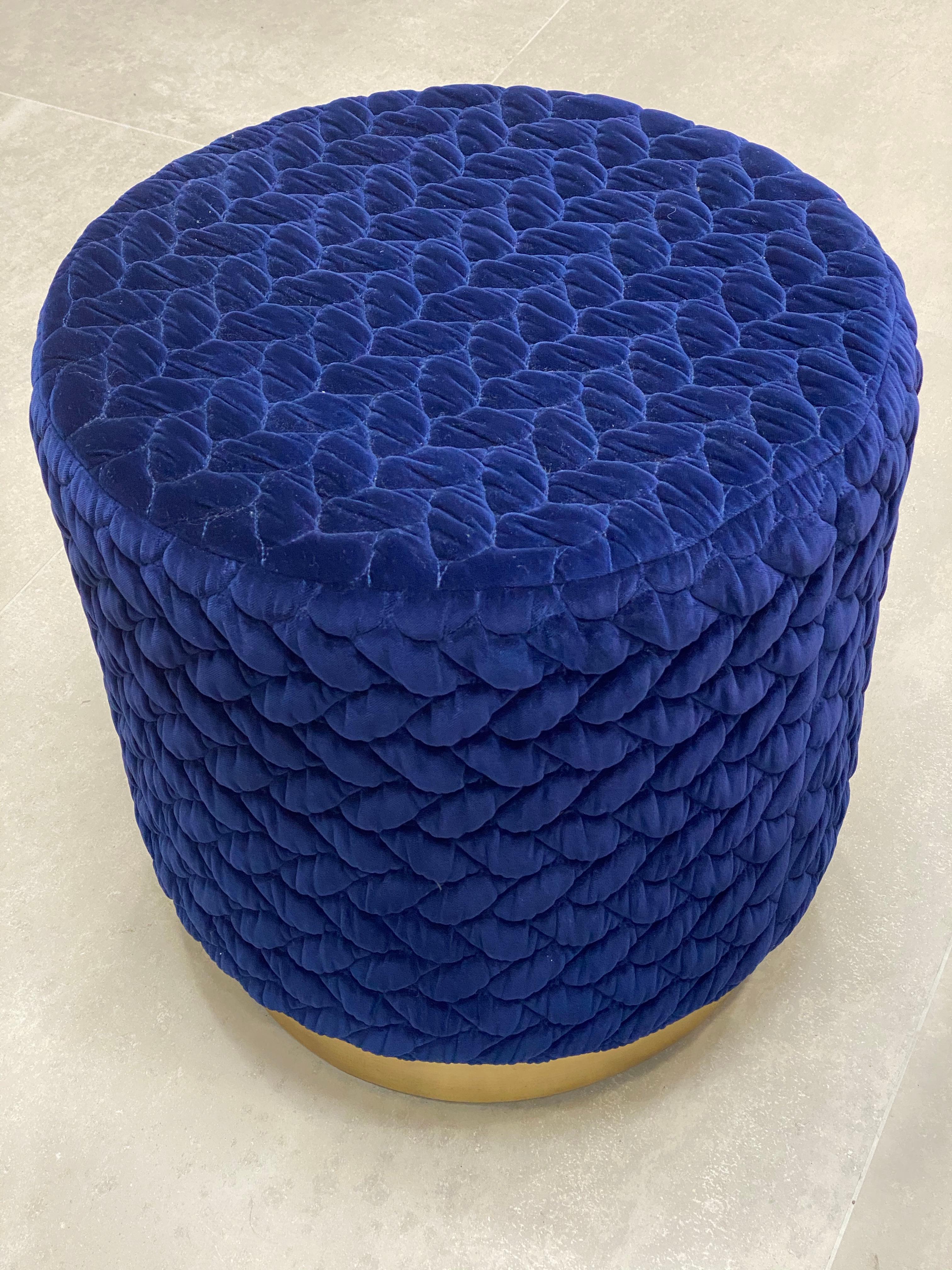 Diana Pouf Upholstered in Velvet Tresse Lapis Blue with Brass Plinth For Sale 3